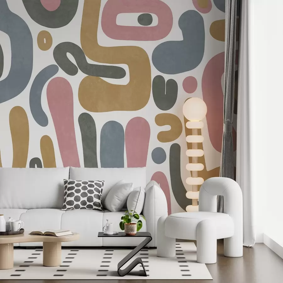 fototapet Forme abstracte texturate în roz pastel, albastru discret, galben muștar și gri pe fond alb artă modernă w09620