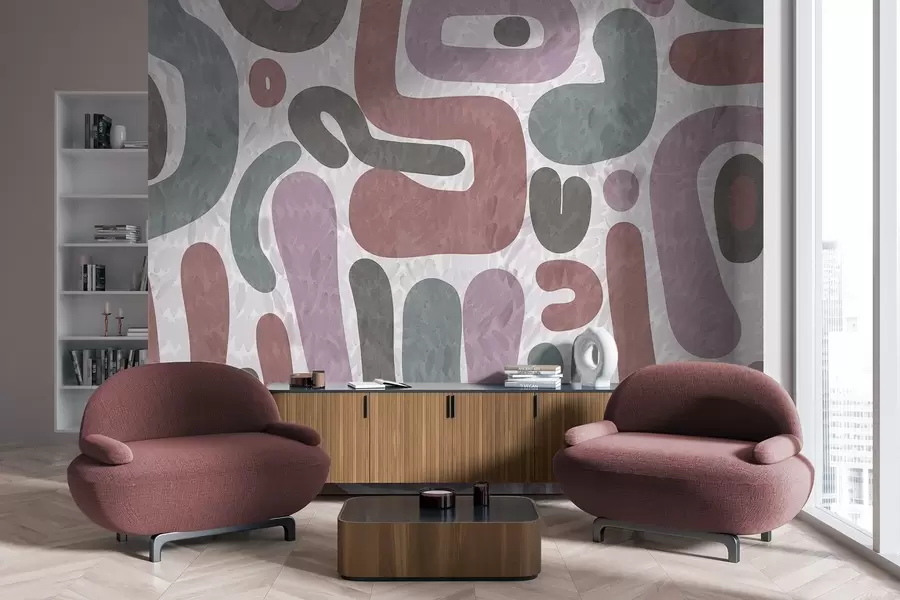 fototapet Forme abstracte texturate în tonuri discrete de roz, verde și gri, pe un fundal texturat, artă modernă w09622