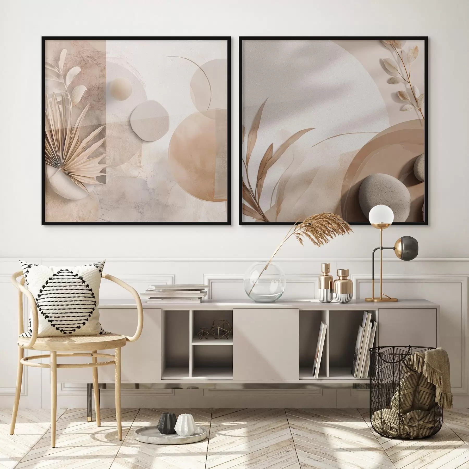 Tablouri Două pânze cu frunze uscate și forme texturate d00893