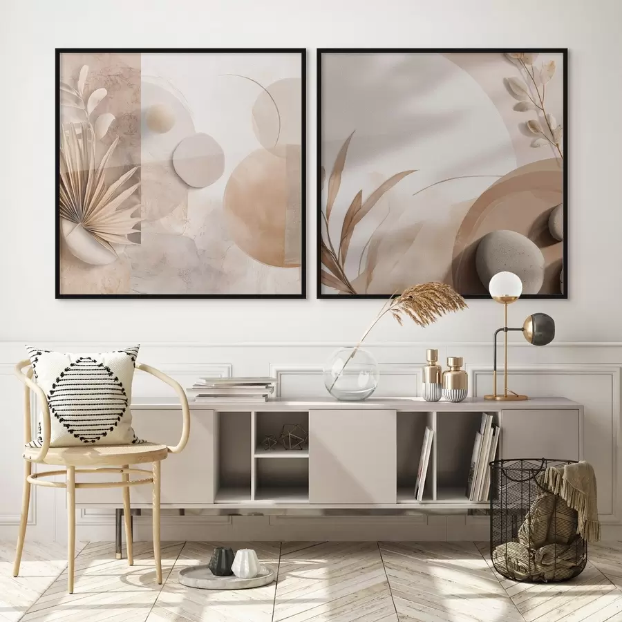 fototapet Două pânze cu frunze uscate și forme texturate d00893