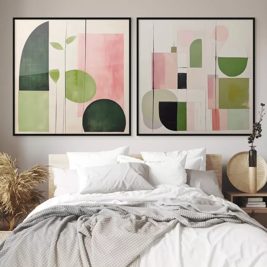 fototapet Diptic minimalist cu flori stilizate și geometrie d00894