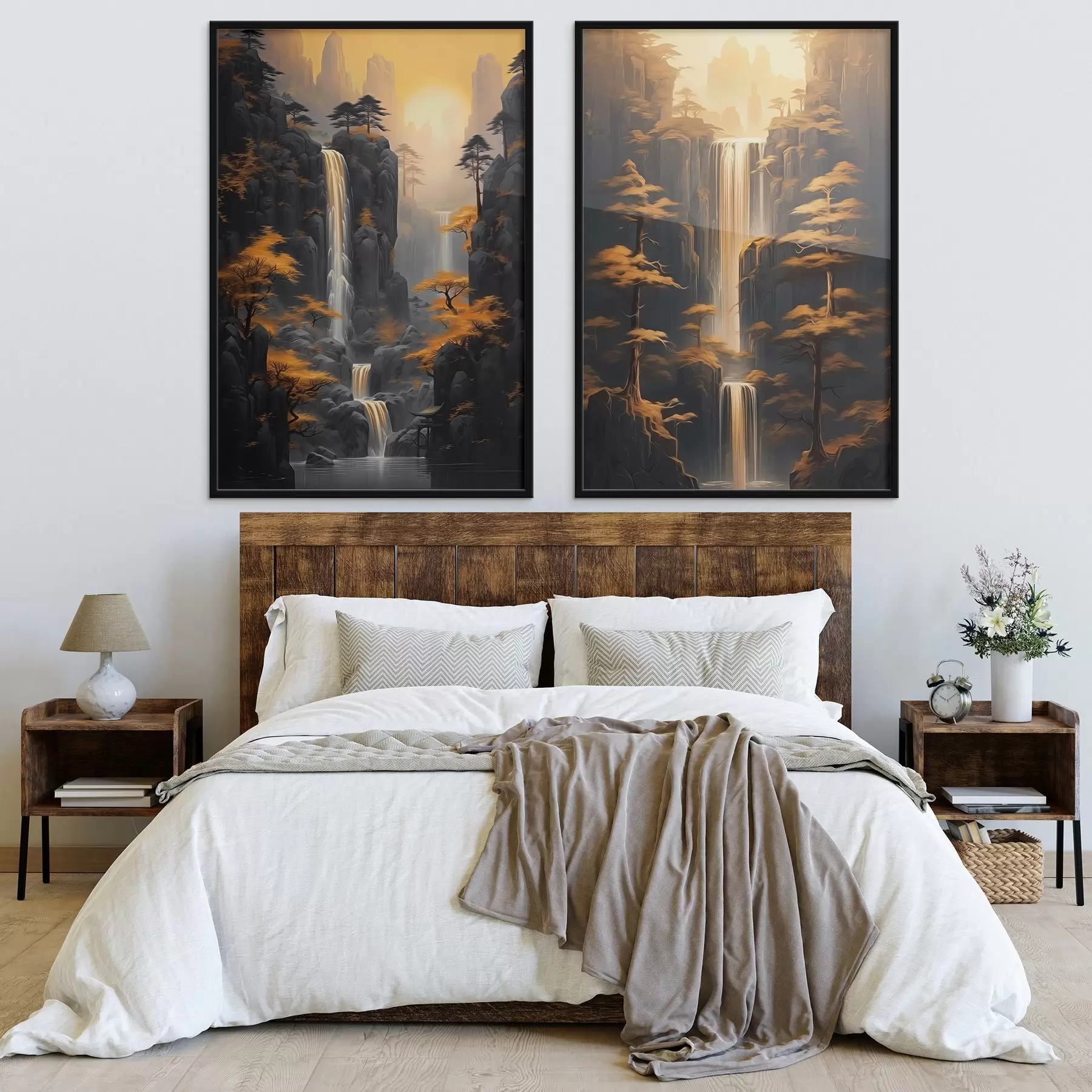 fototapet Peisaj cu cascadă și munți în lumină aurie d00928