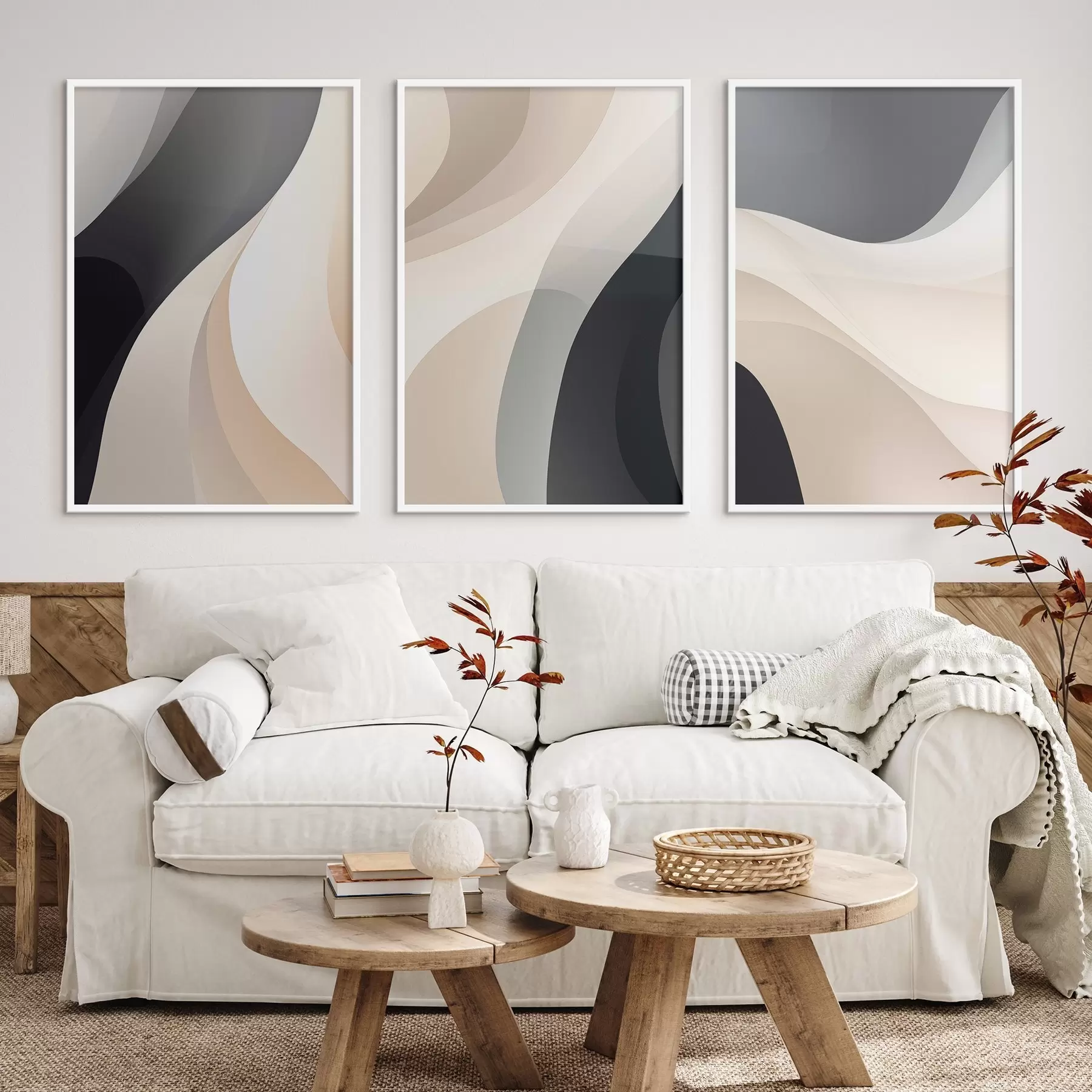 fototapet Curbe fluide minimaliste în culori crem, gri-maro și negru d00962