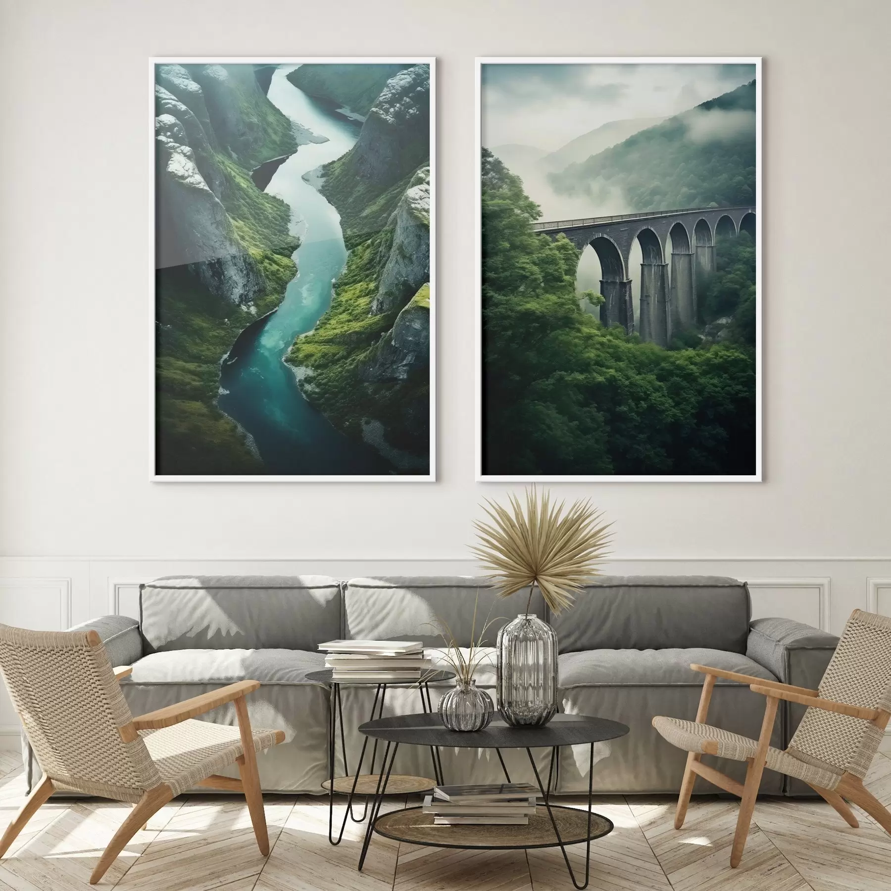 fototapet Canionul râului aerian și viaductul învăluit în ceață, înconjurat de dealuri verzi d00967