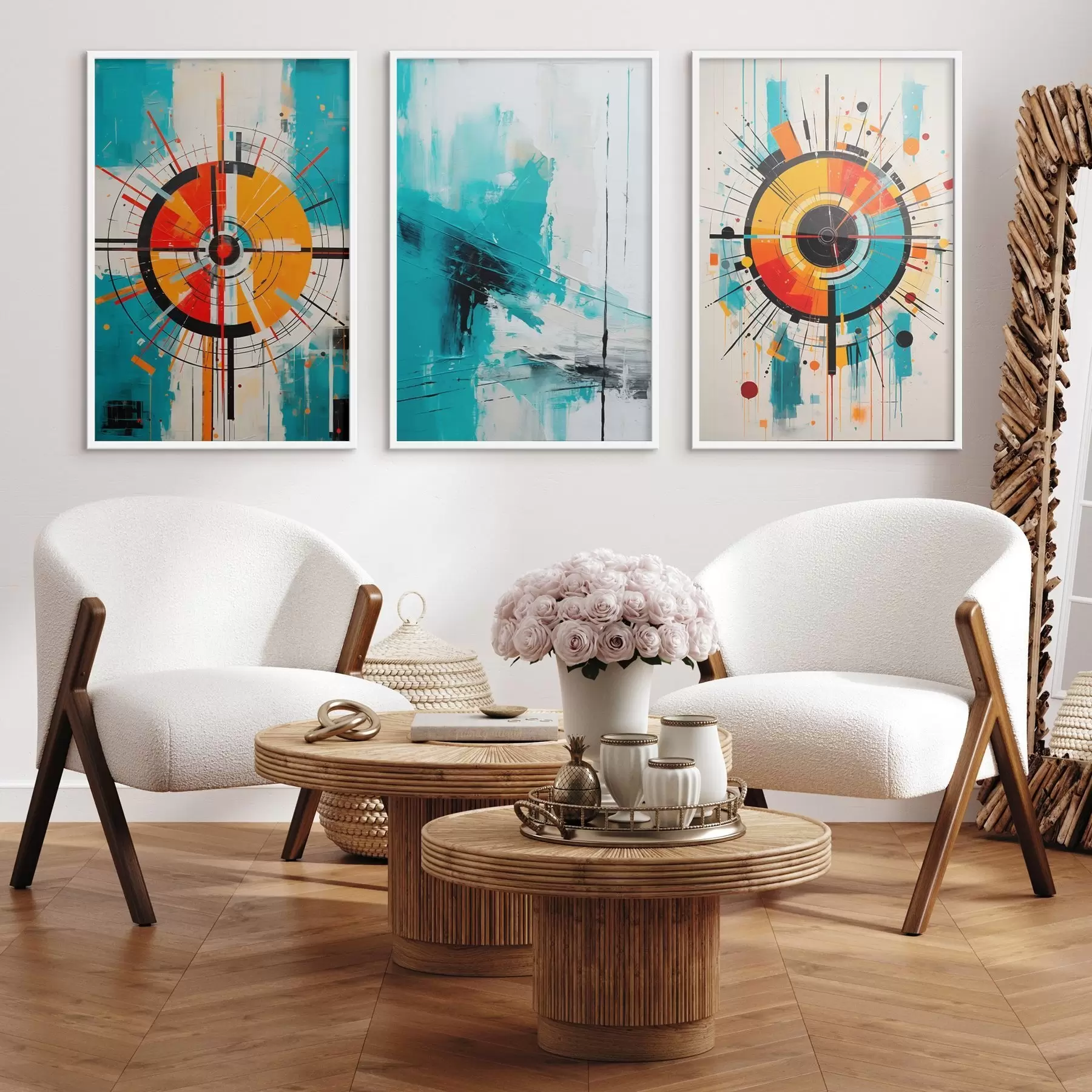 fototapet Abstract radial cu explozii de culoare verde-albăstrui și portocaliu d00973