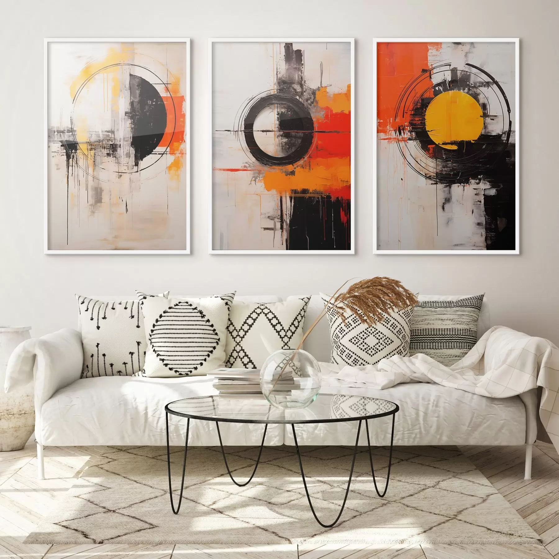 fototapet Cercuri texturate și linii groase în negru, ocru, portocaliu d00974