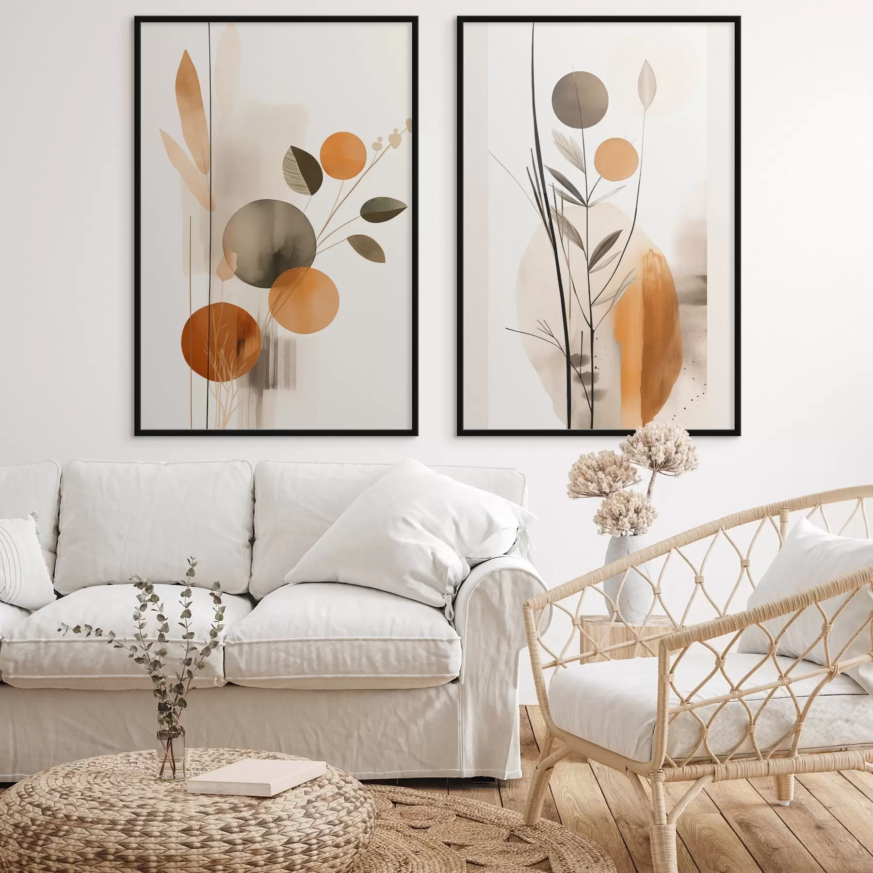 fototapet Imitare de pictură abstractă cu cercuri portocalii și gri, frunze și ramuri, stil modern, efect de acuarelă d01009