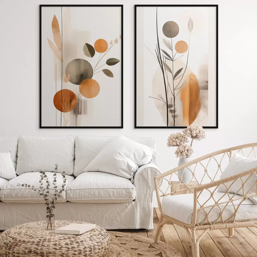 fototapet Imitare de pictură abstractă cu cercuri portocalii și gri, frunze și ramuri, stil modern, efect de acuarelă d01009