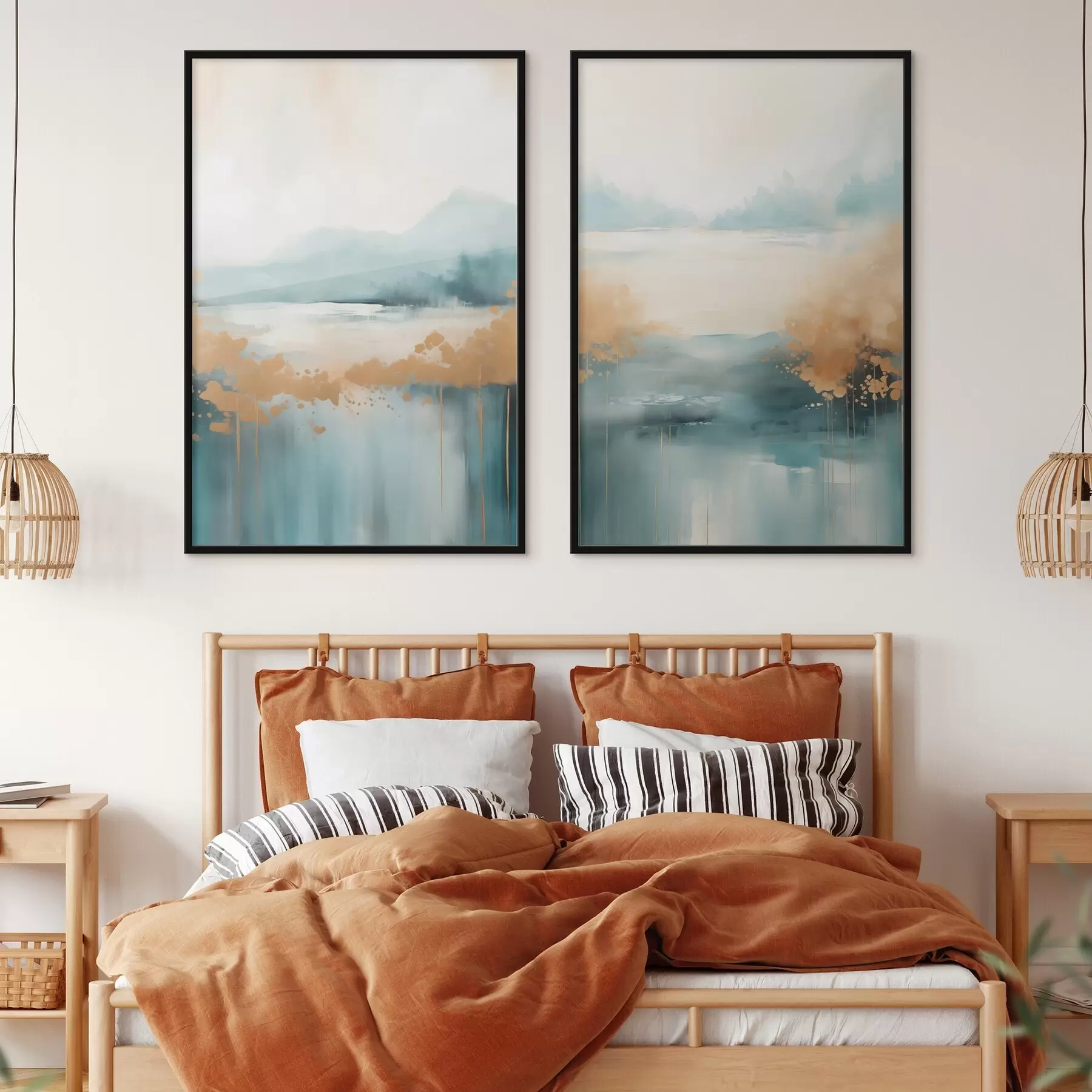 fototapet Peisaj abstract cu munți și lac în nuanțe de verde-albastru și galben texturat, pensule moi, operă de artă minimalistă d01012