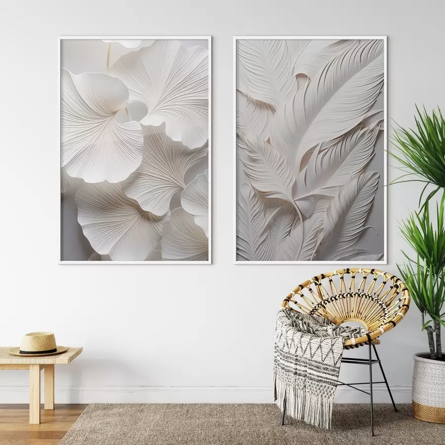 fototapet Frunze albe de ginkgo și frunze lungi cu detalii complexe, creând un efect texturat și stratificat, artă minimalistă d01013