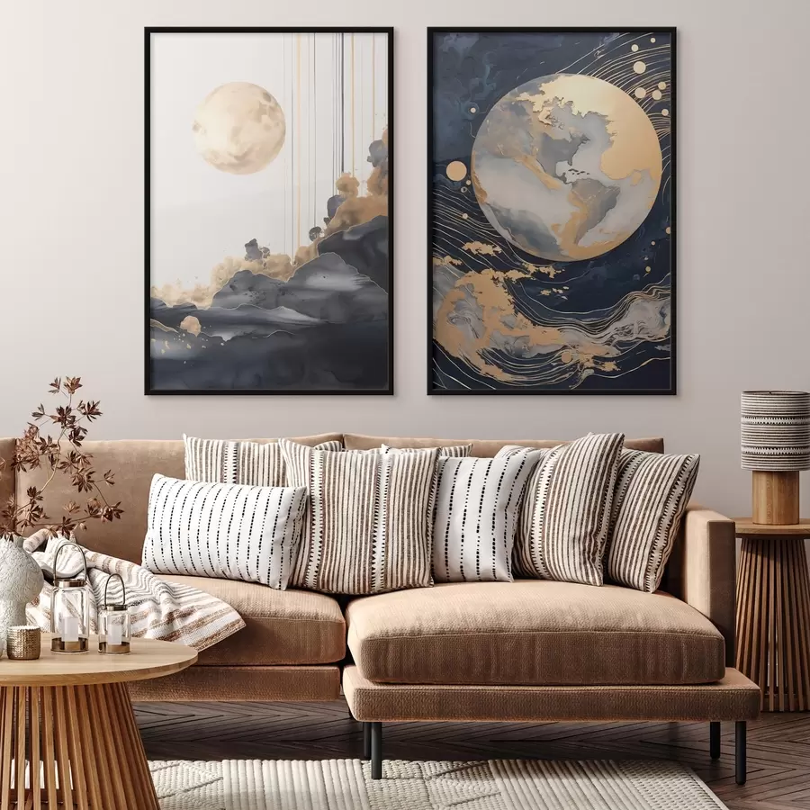 fototapet Planetă decorativă texturată în spațiu, cu linii și puncte galbene, stil abstract, minimalist și modern d01014