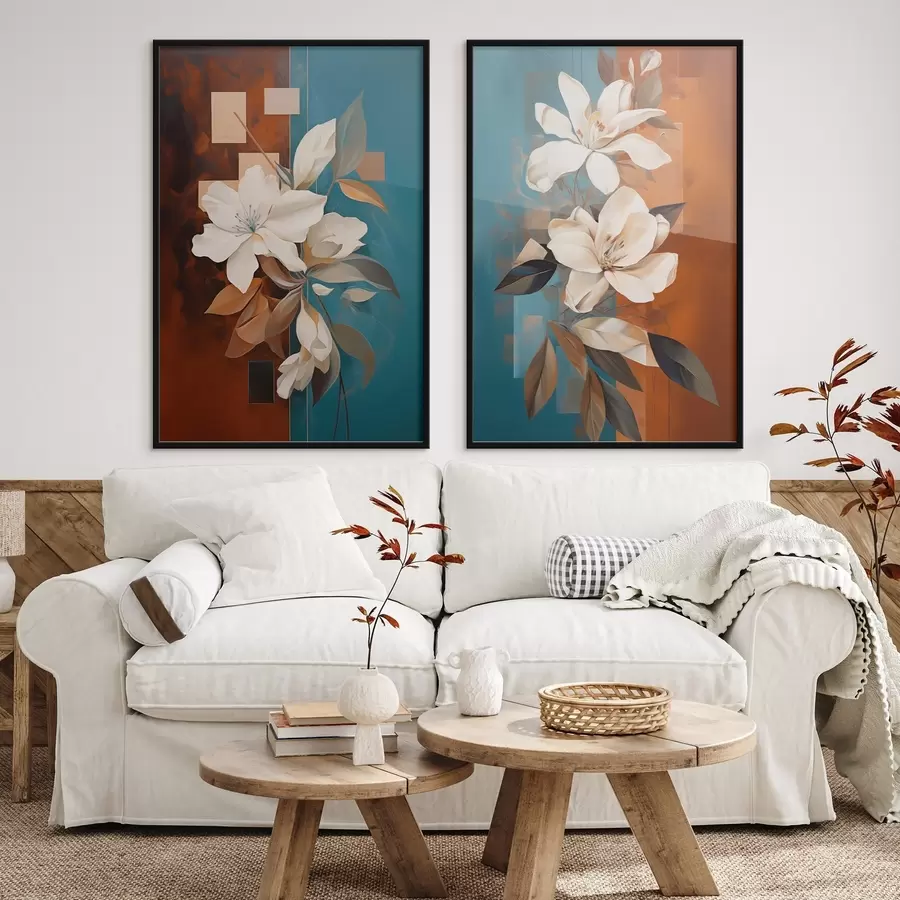 fototapet Flori și frunze albe abstracte pe un fundal maro și albastru cu forme abstracte, într-un stil minimalist d01015