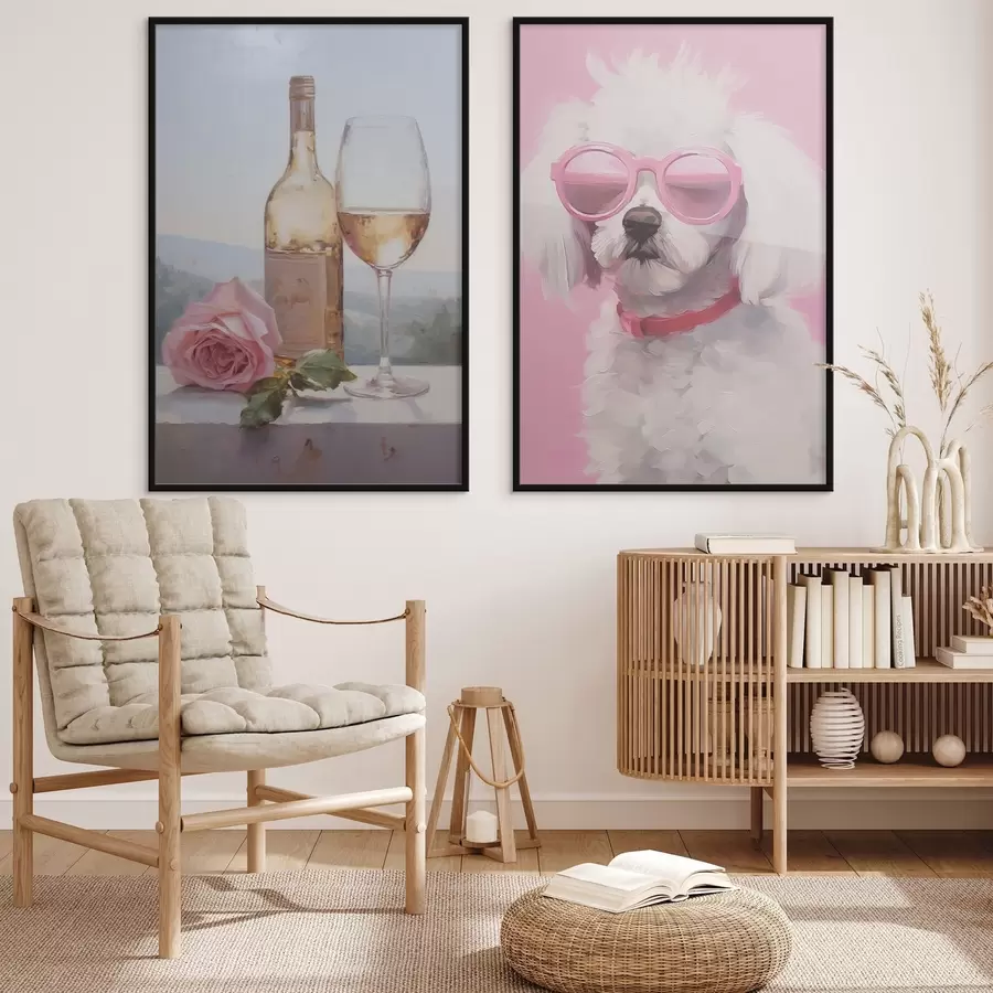 fototapet O sticlă și un pahar de vin și un pudel cu ochelari, pictură imitație d01021