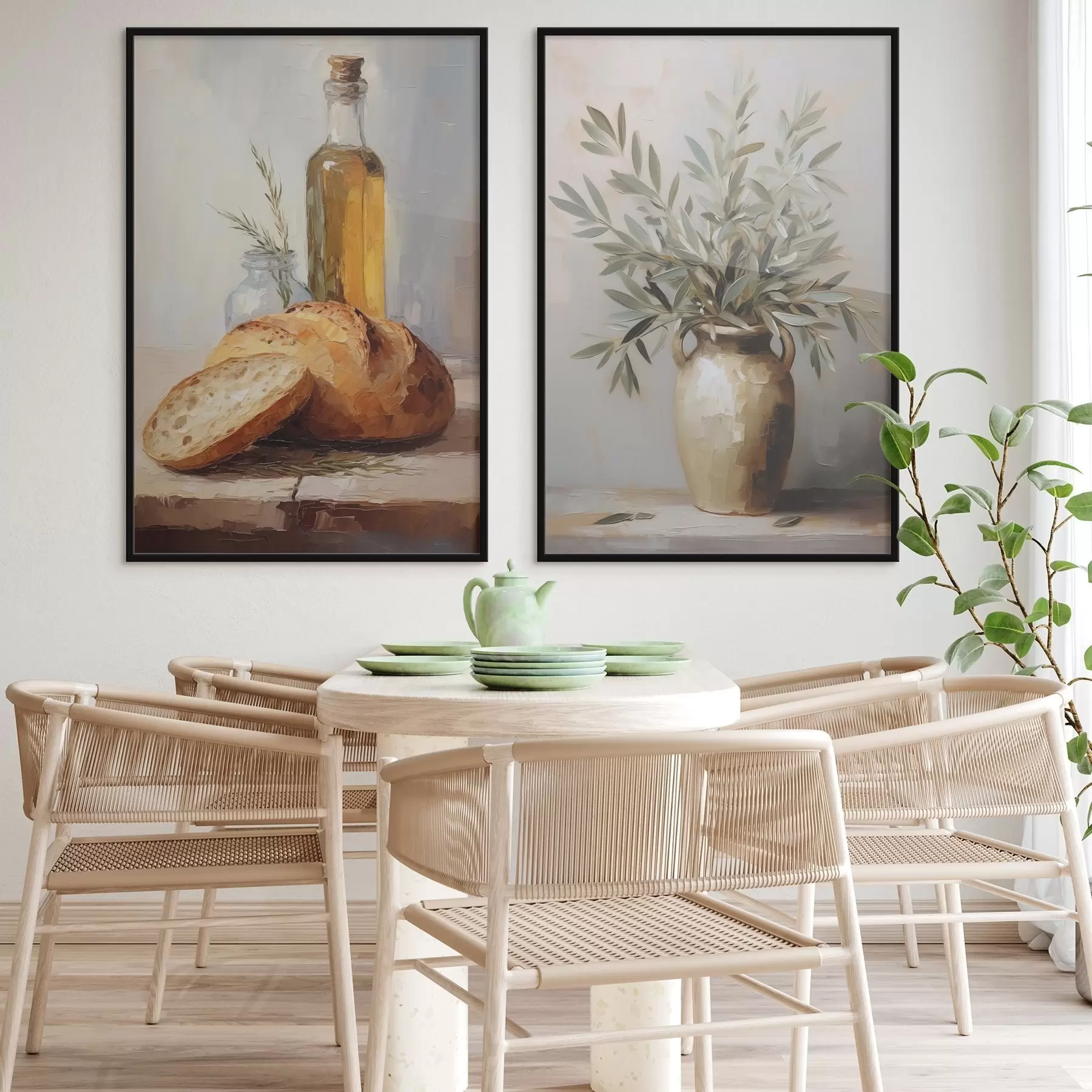 fototapet Ramuri de măslin într-o vază, pâine și o sticlă de ulei, pictură imitație d01035