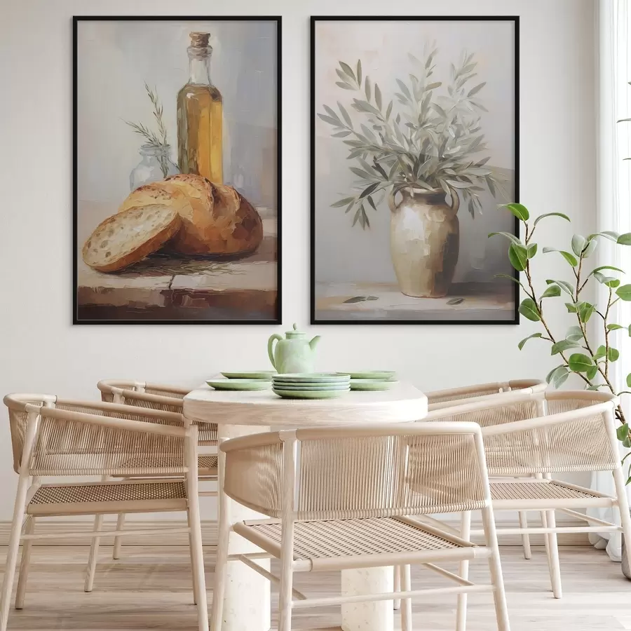 fototapet Ramuri de măslin într-o vază, pâine și o sticlă de ulei, pictură imitație d01035