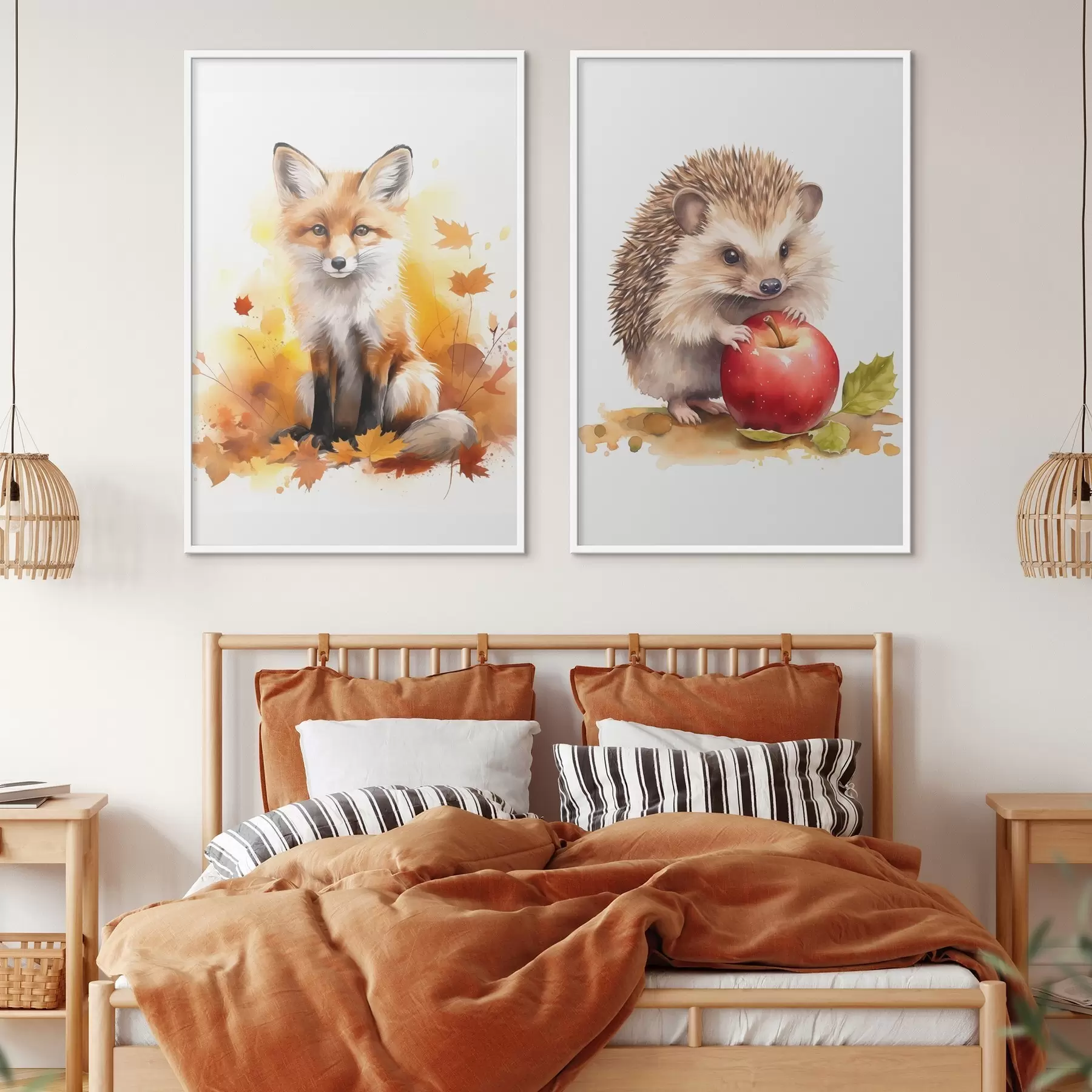 fototapet Vulpe și arici, acuarelă imitație d01050