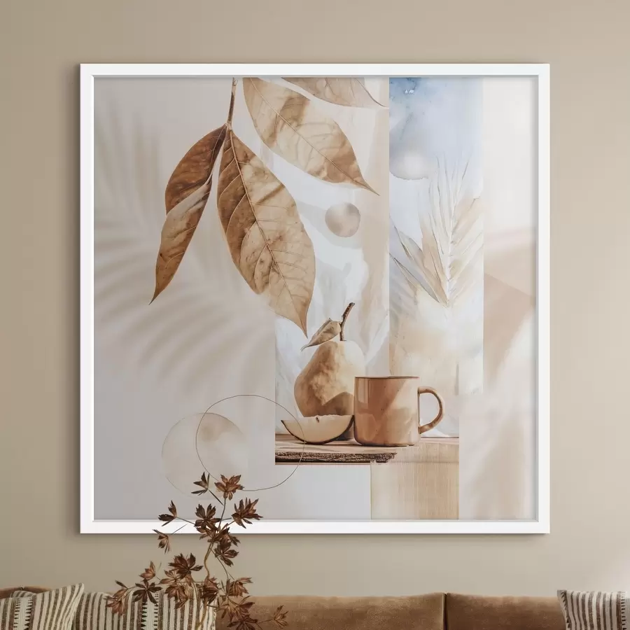 fototapet Rezumat cu frunze, pară și ceașcă f47047