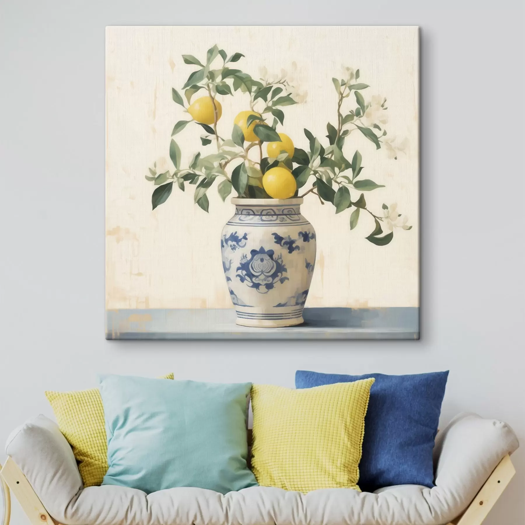 Tablouri Lămâi într-un vas ceramic albastru și alb, în stilul picturii în ulei s46924