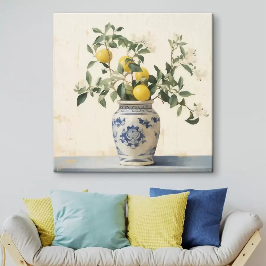Tablouri Lămâi într-un vas ceramic albastru și alb, în stilul picturii în ulei s46924