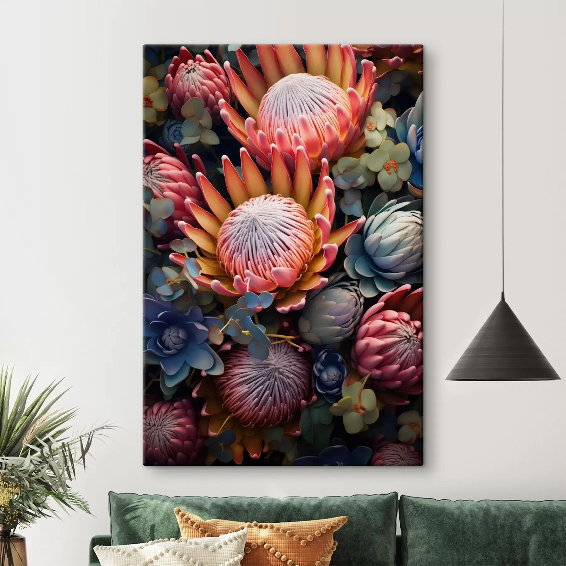 Tablouri Compoziție din proteas, eucalipt și plante suculente într-un stil artistic digital fotorealist s46925