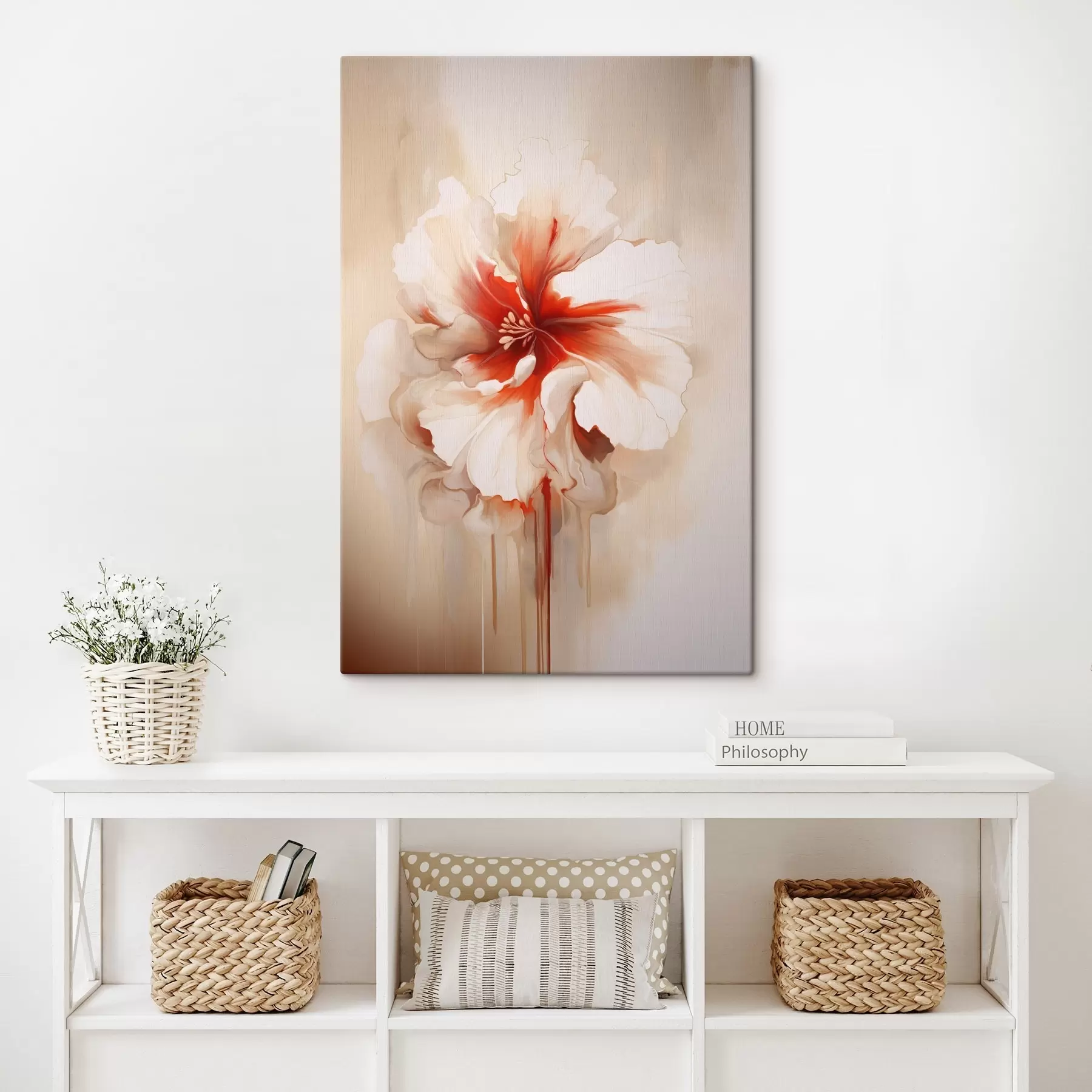 Tablouri Floare albă și roșie cu petale semitransparente și picături de vopsea curgătoare s46940