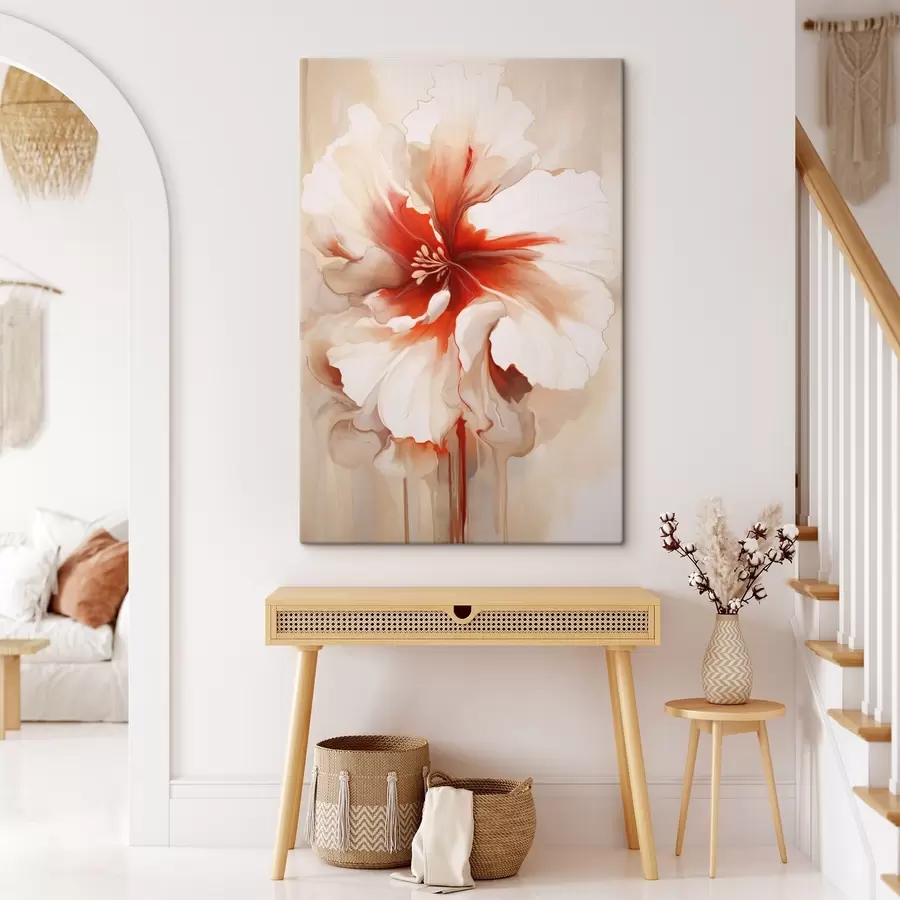 Tablouri Prim-plan al unei flori albe și roșii cu petale semitransparente și picături de vopsea care curg s46941