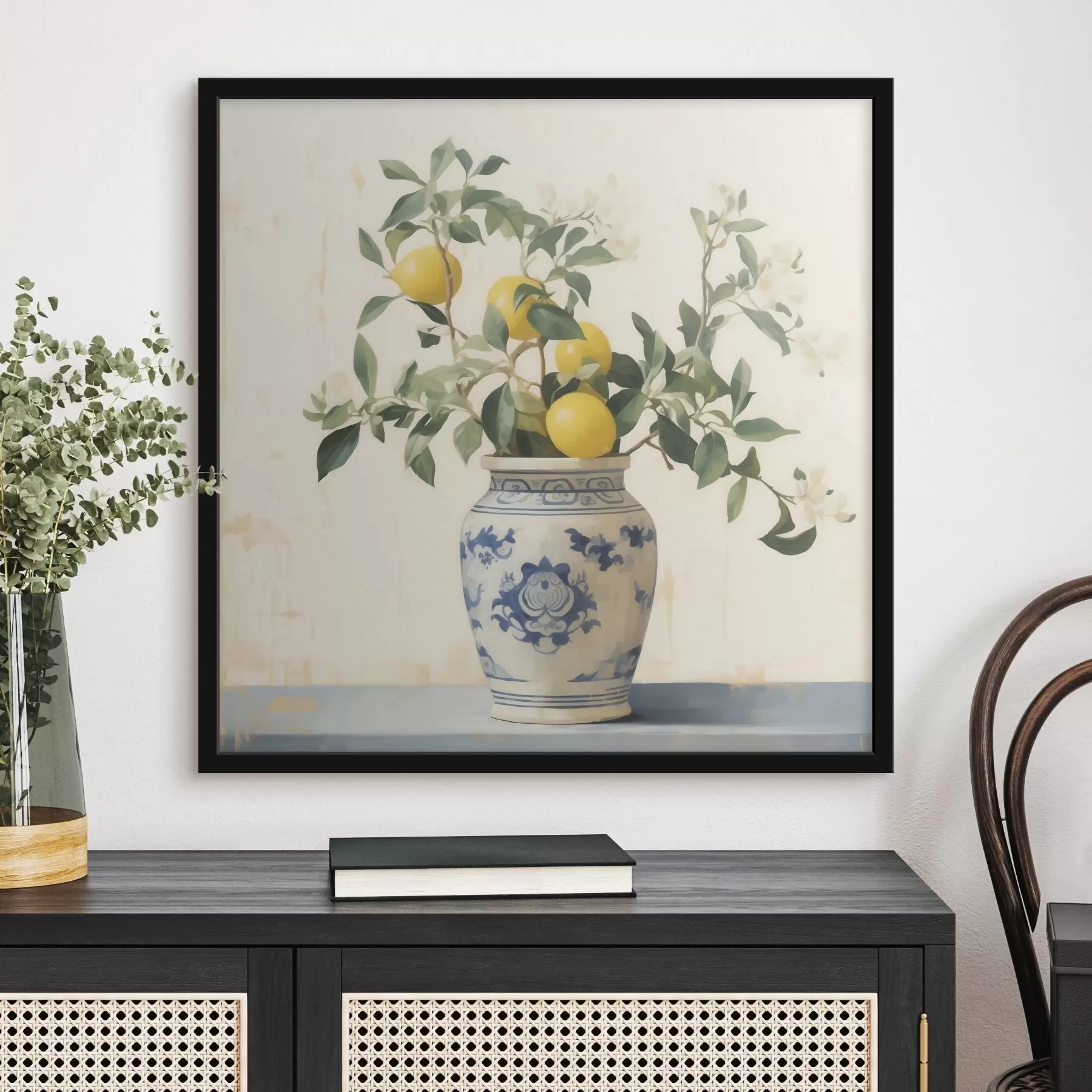 fototapet Lămâi într-un vas ceramic albastru și alb, în stilul picturii în ulei f46924