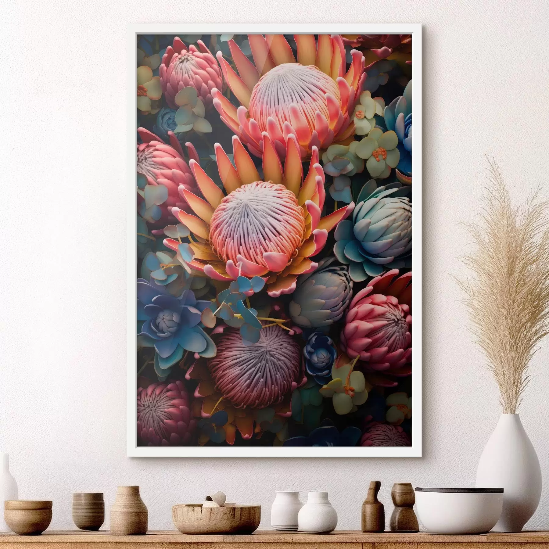 fototapet Compoziție din proteas, eucalipt și plante suculente într-un stil artistic digital fotorealist f46925