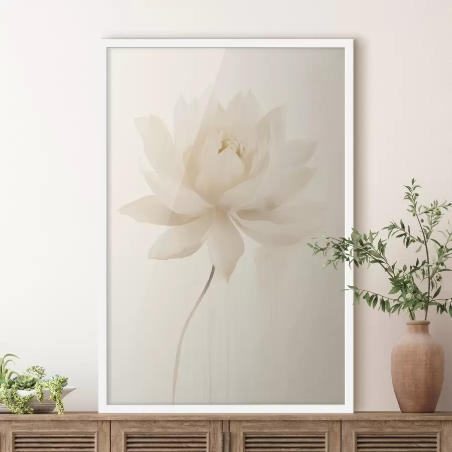 fototapet Lotus alb delicat pe un fundal deschis, în stil minimalist f46936