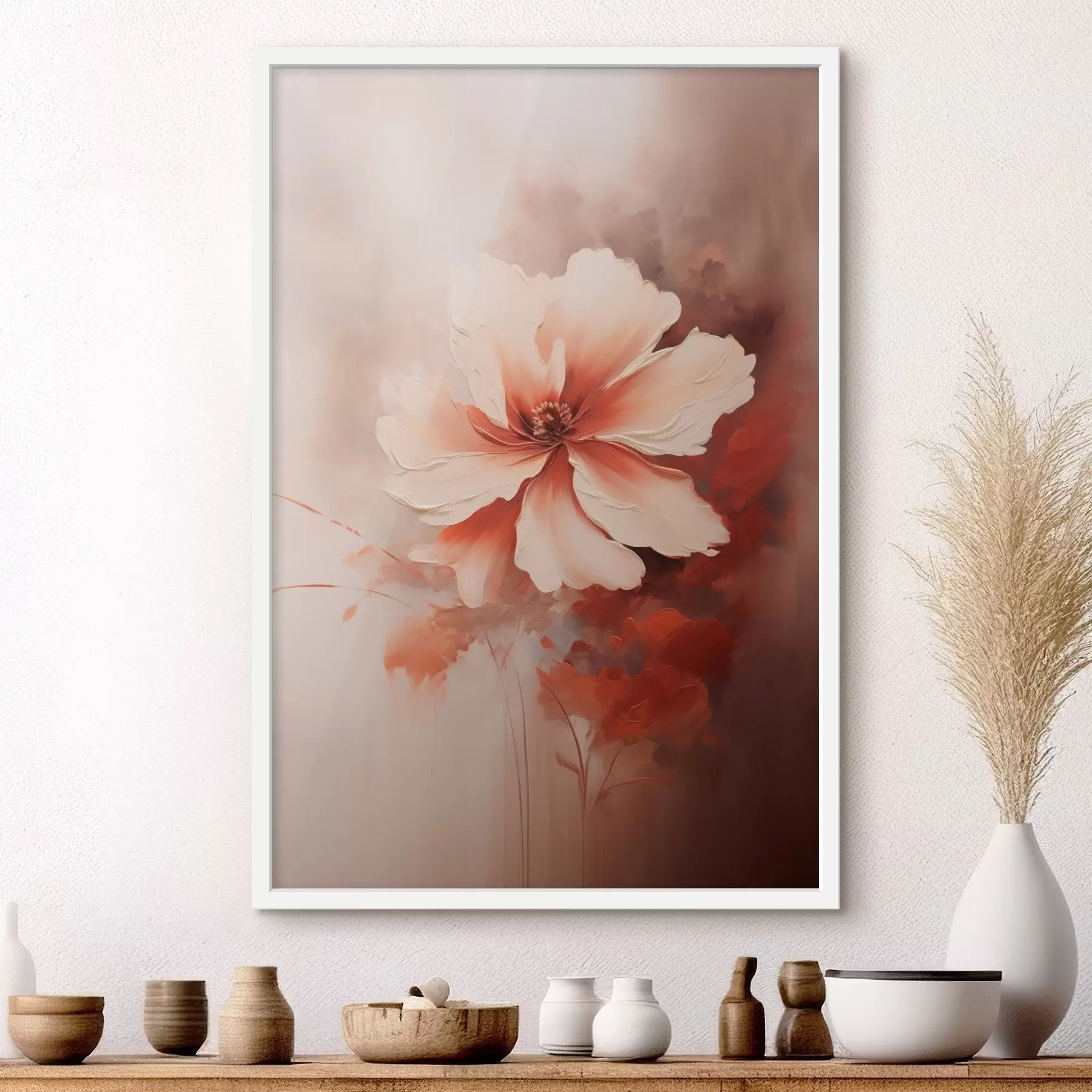 fototapet Floare delicată de coral alb pe un fundal estompat, în stilul picturii în ulei f46938