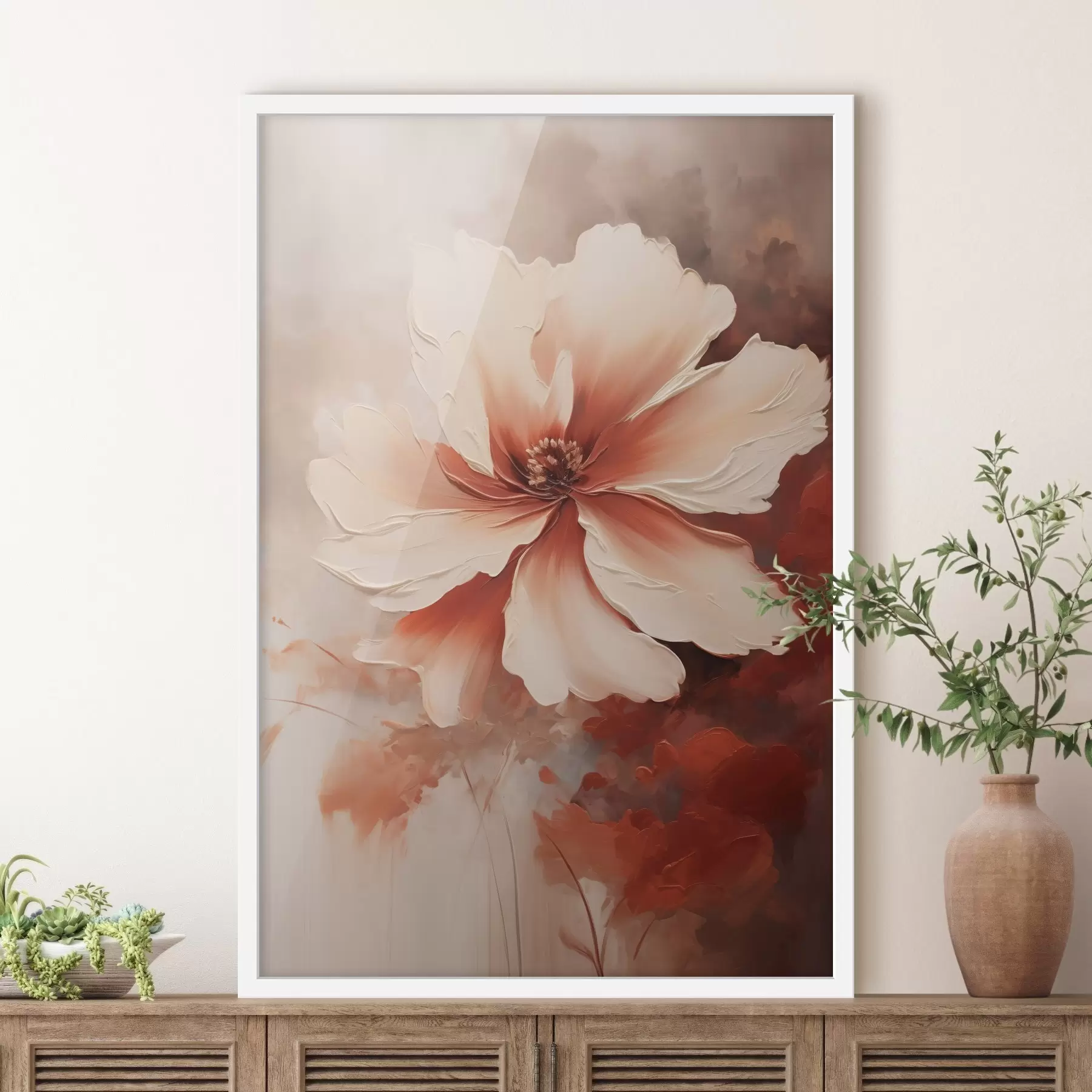 fototapet Prim-plan al unei flori de coral alb pe un fundal estompat, în stilul picturii în ulei f46939