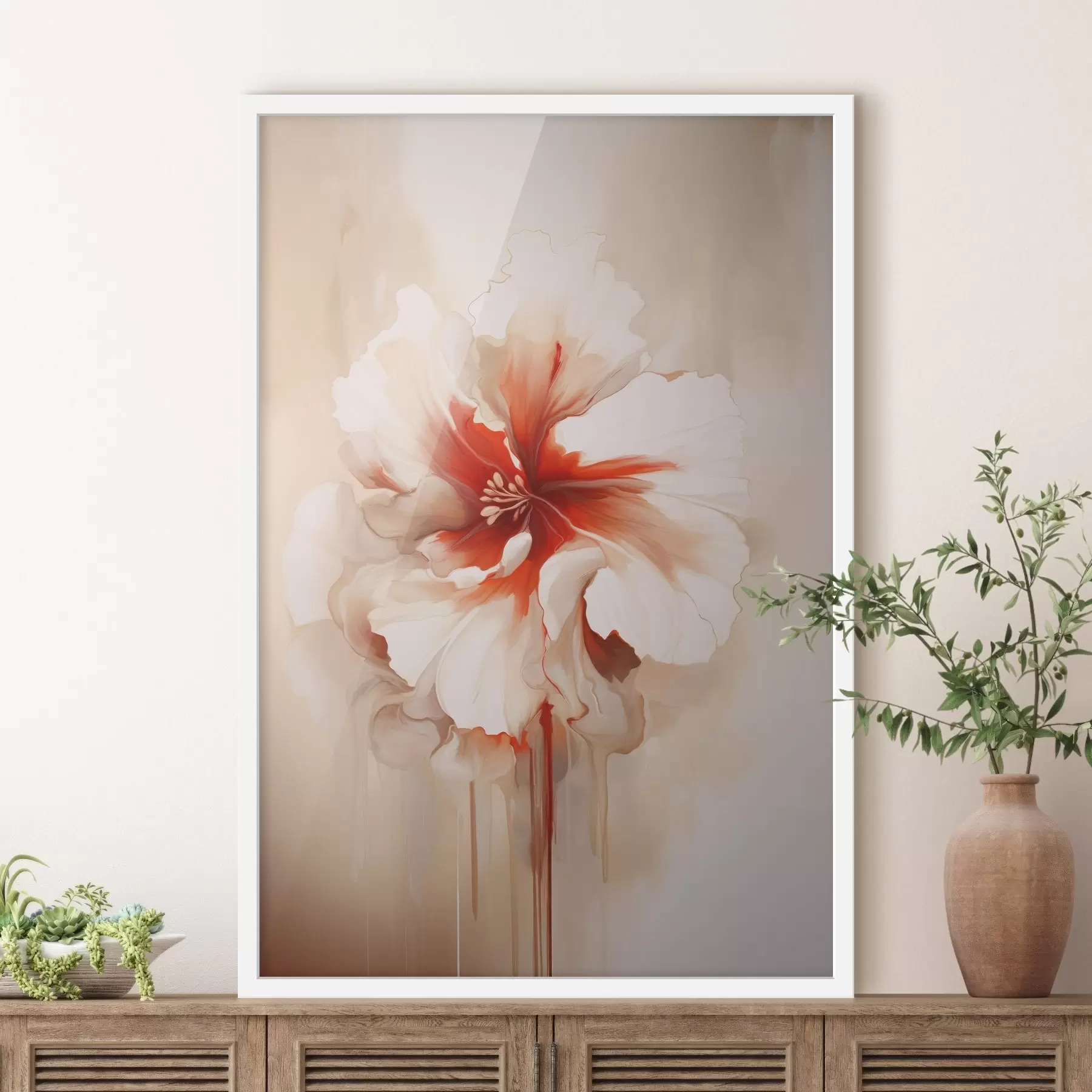 fototapet Floare albă și roșie cu petale semitransparente și picături de vopsea curgătoare f46940