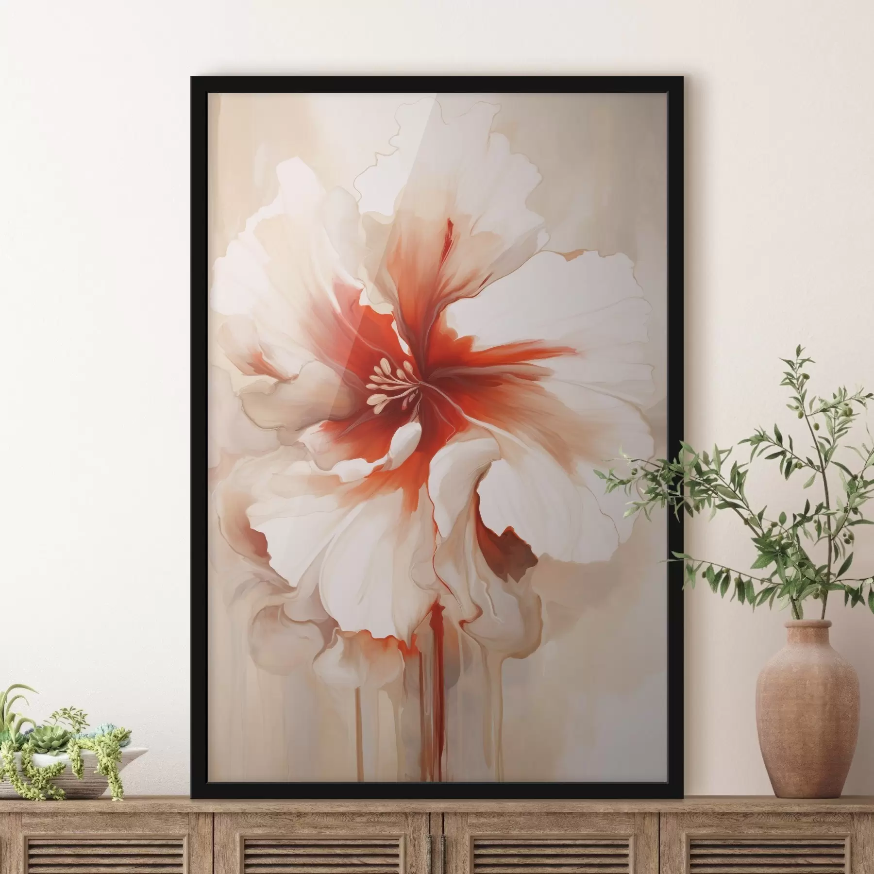 fototapet Prim-plan al unei flori albe și roșii cu petale semitransparente și picături de vopsea care curg f46941