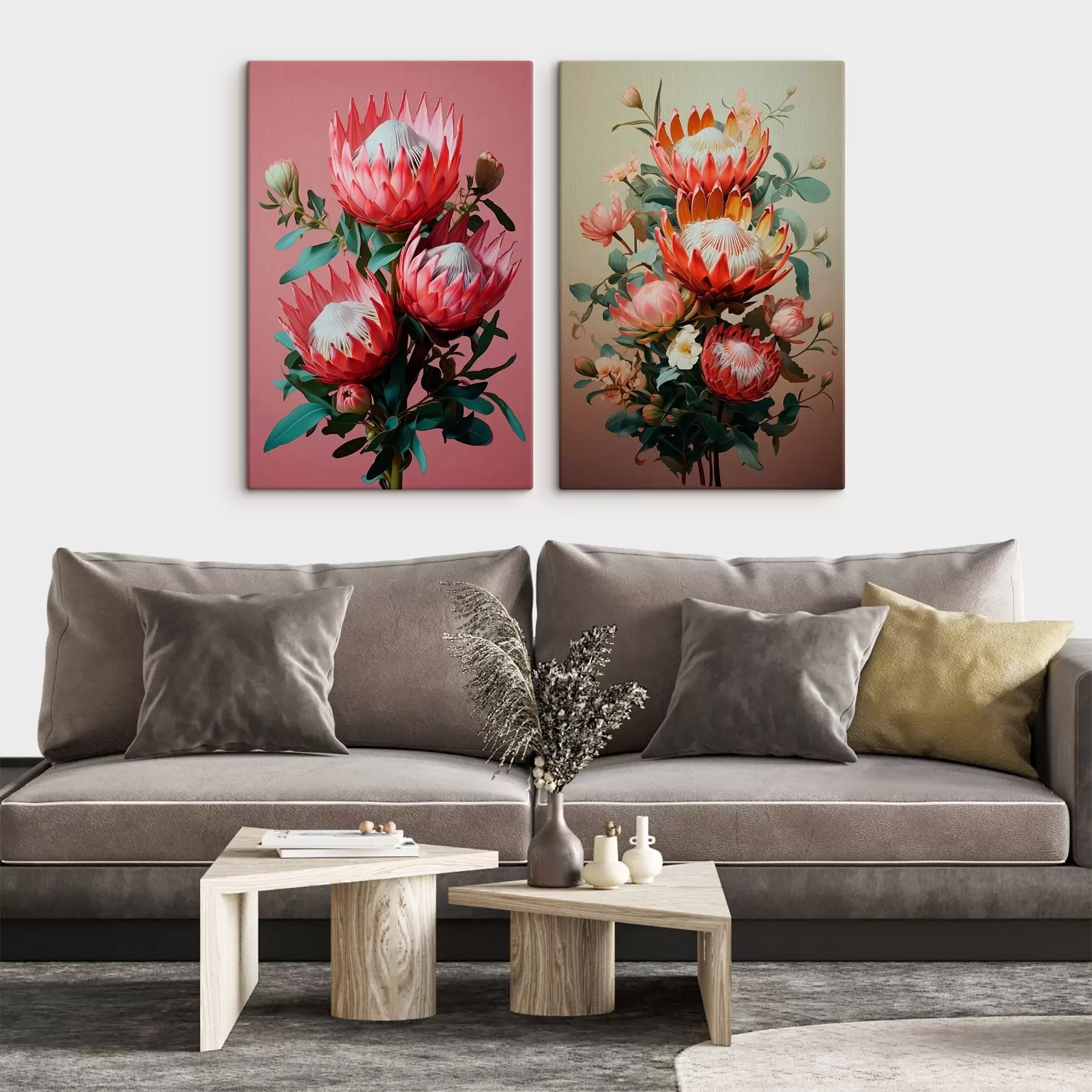 Tablouri Proteas în două stări: fundal roz intens și un gradient cald de măslin m01092