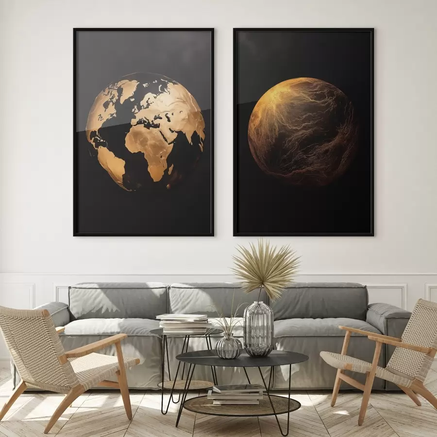 fototapet Glob pământesc abstract texturat și planetă pe fundal negru, artă modernă minimalistă d00827