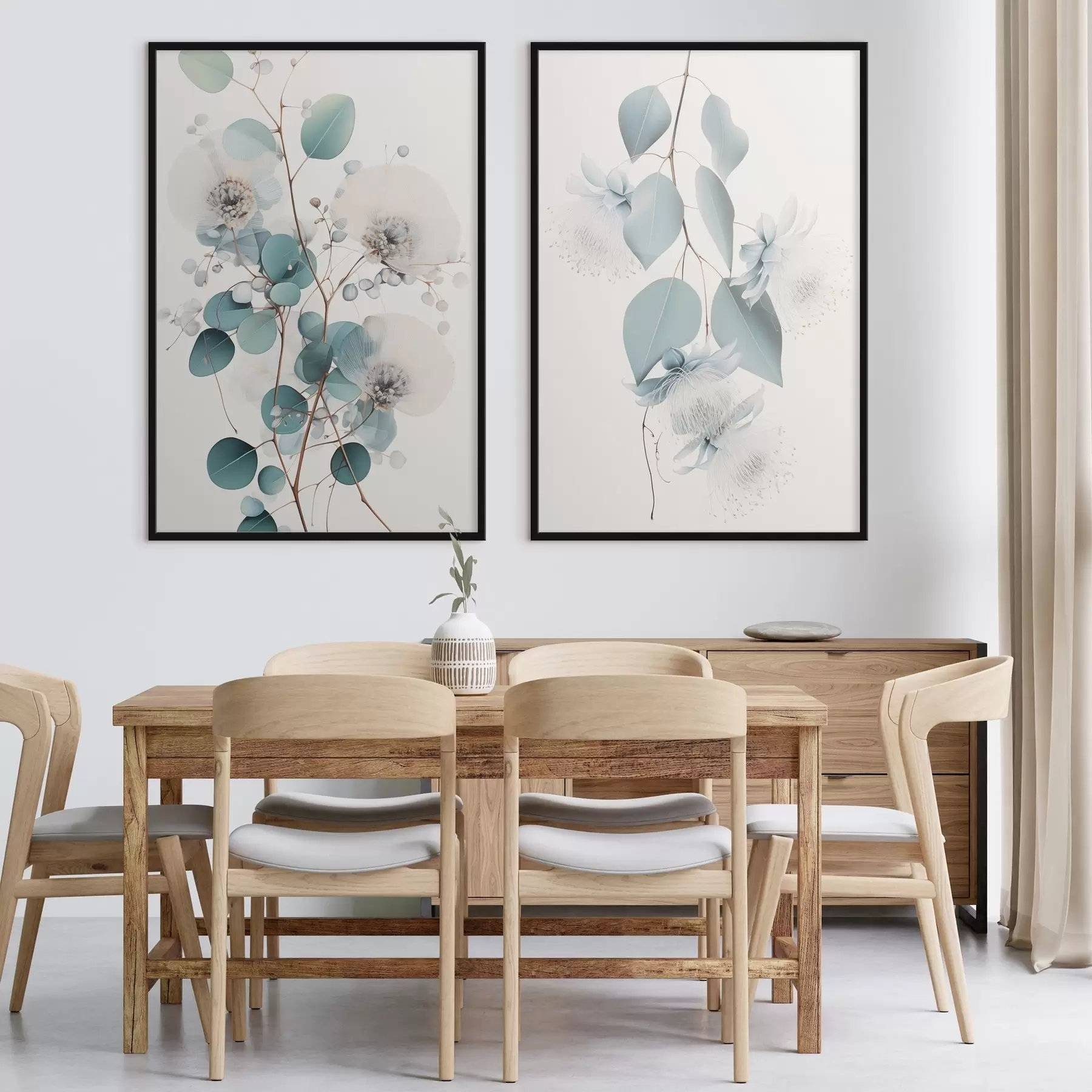 fototapet Ramură de eucalipt cu frunze albastre și flori albe, fundal deschis d00829