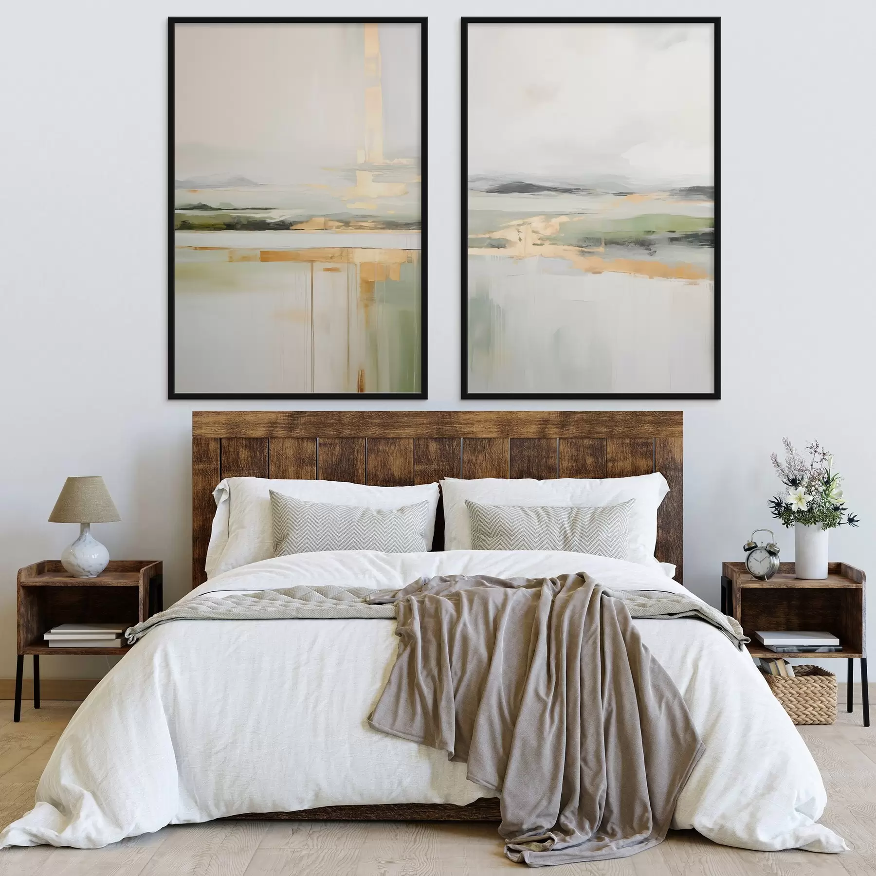 fototapet Peisaj abstract cu accente galbene, o compoziție minimalistă de pământ, apă și cer, cu culori discrete d00877