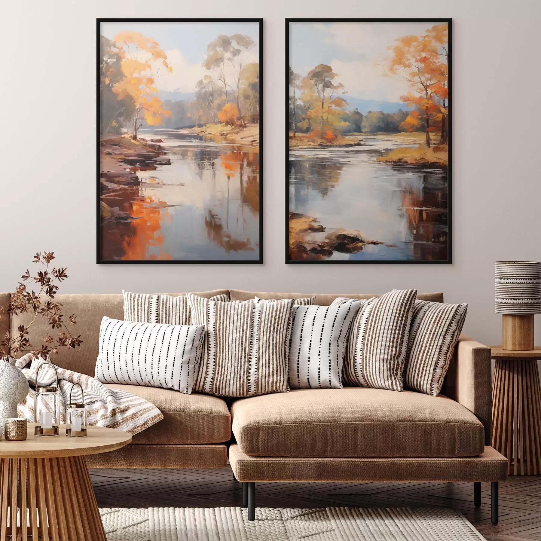 fototapet Peisaj de toamnă, râu cu copaci pe mal, pădure în fundal, reflexii pe apă d00883