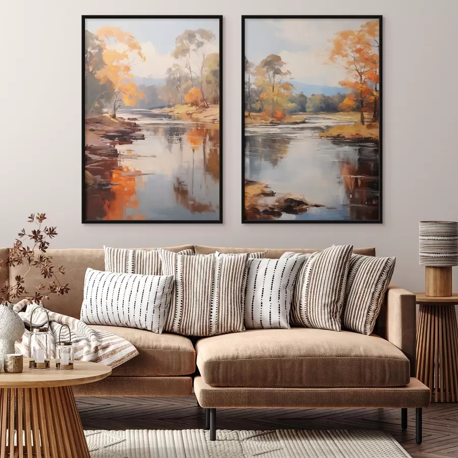 fototapet Peisaj de toamnă, râu cu copaci pe mal, pădure în fundal, reflexii pe apă d00883