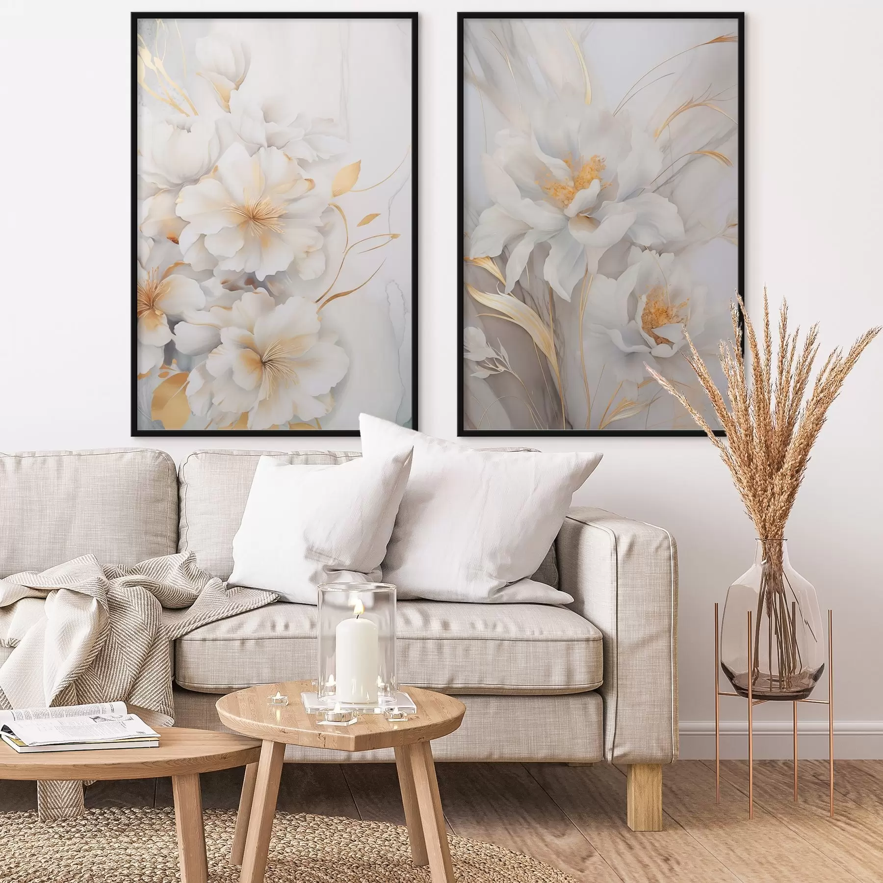 fototapet Flori albe cu detalii galbene, petale cu umbre subtile, fundal deschis cu efect marmorat subtil d00889