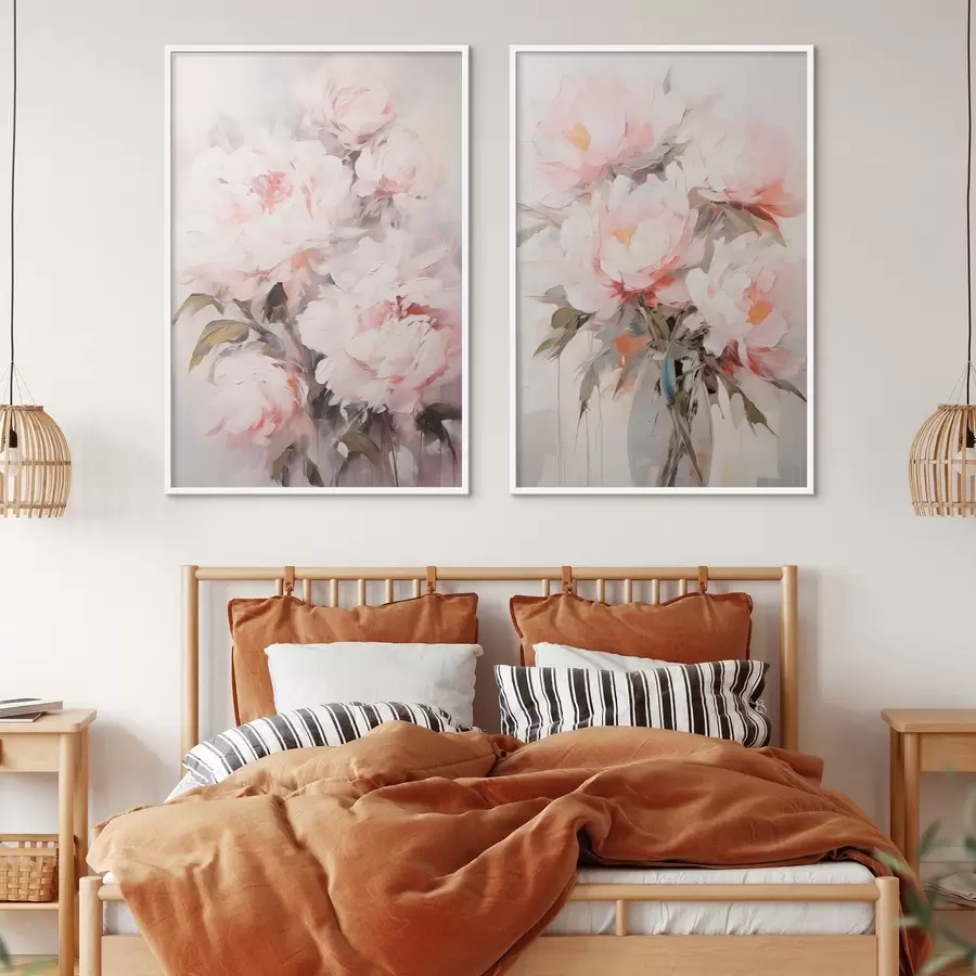 fototapet Un buchet de bujori roz deschis cu frunze verzi, tușe delicate, culori pastelate, pe un fundal deschis d00890