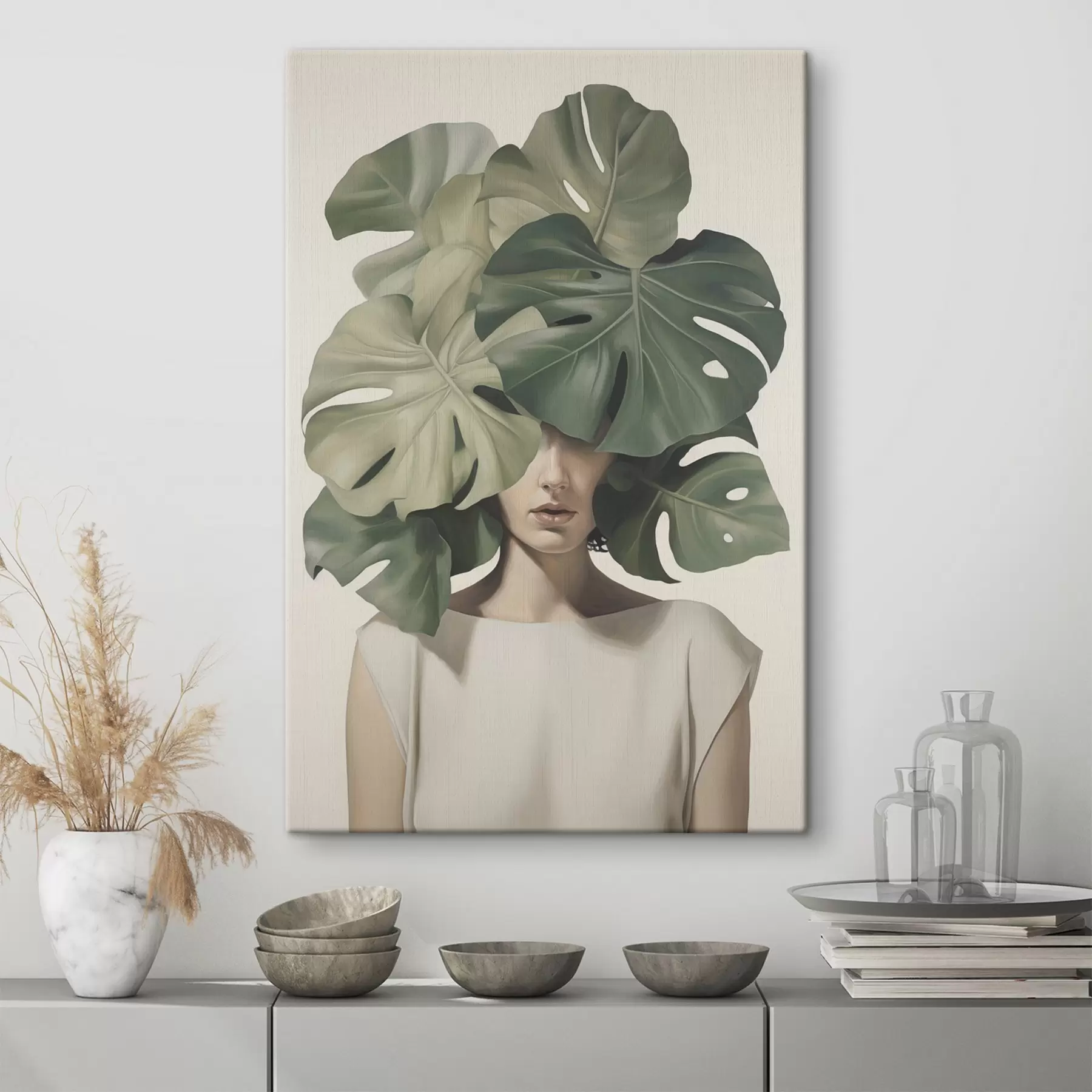 Tablouri Portret abstract al unei fete cu frunze de monstera s47336