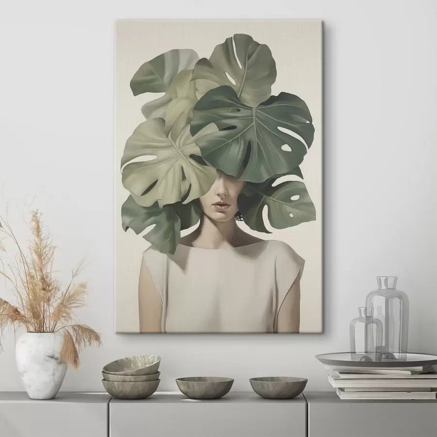Tablouri Portret abstract al unei fete cu frunze de monstera s47336