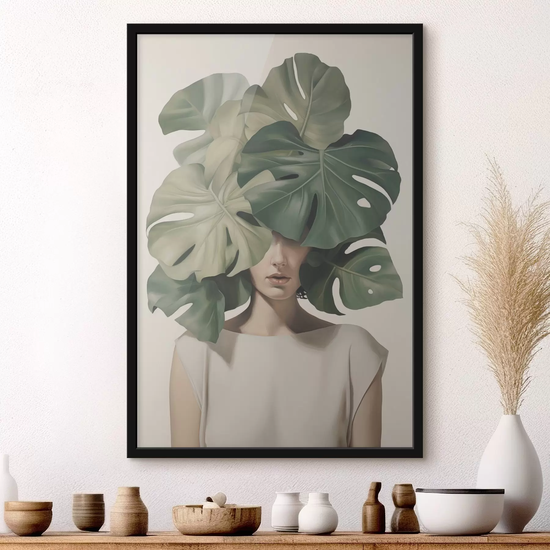 fototapet Portret abstract al unei fete cu frunze de monstera f47336
