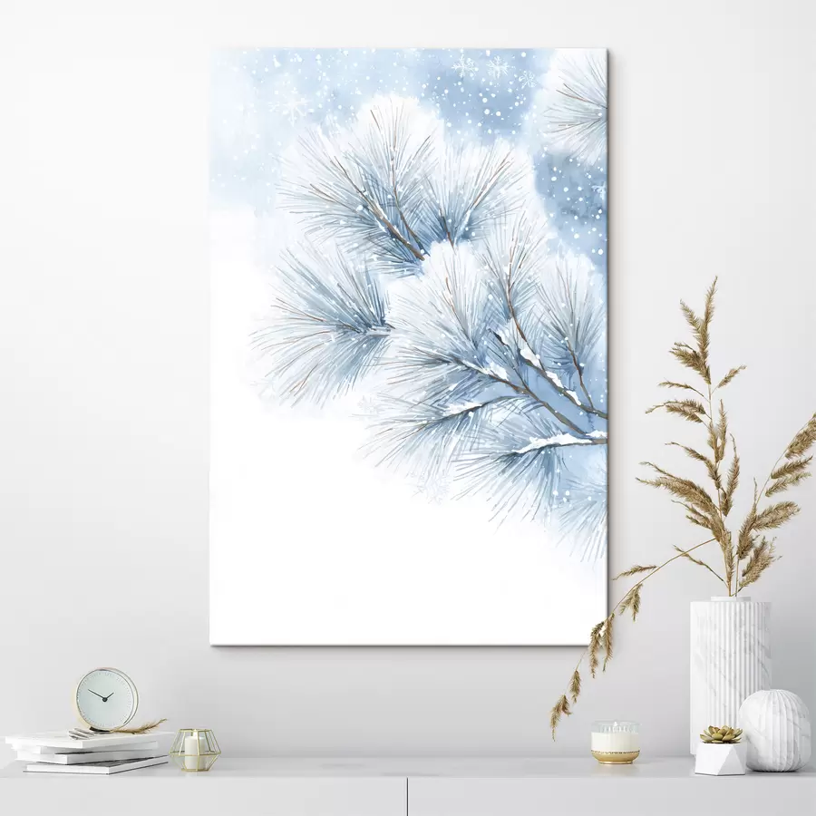 Tablouri ramură de pin acoperită de zăpadă în stil acuarelă s47114