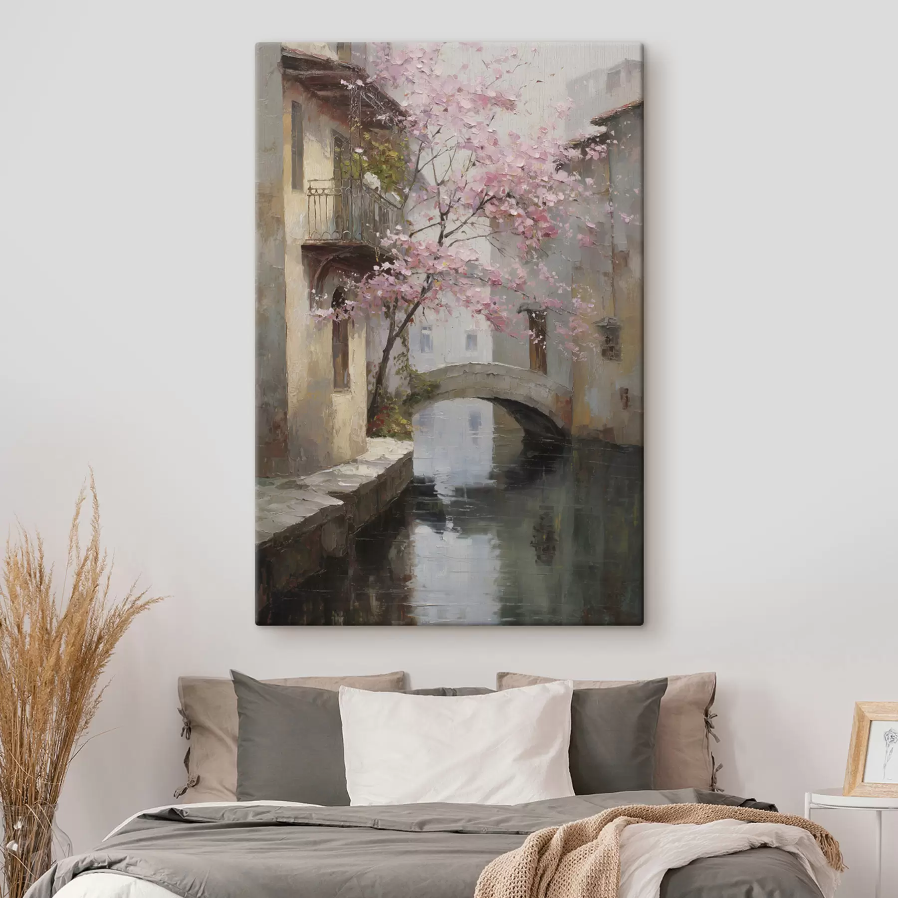Tablouri peisaj urban romantic cu un copac înflorit în stilul picturii în ulei s47126