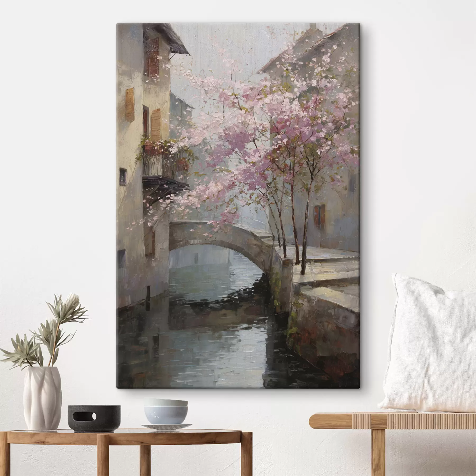 Tablouri peisaj urban romantic cu un copac înflorit în stilul picturii în ulei s47127
