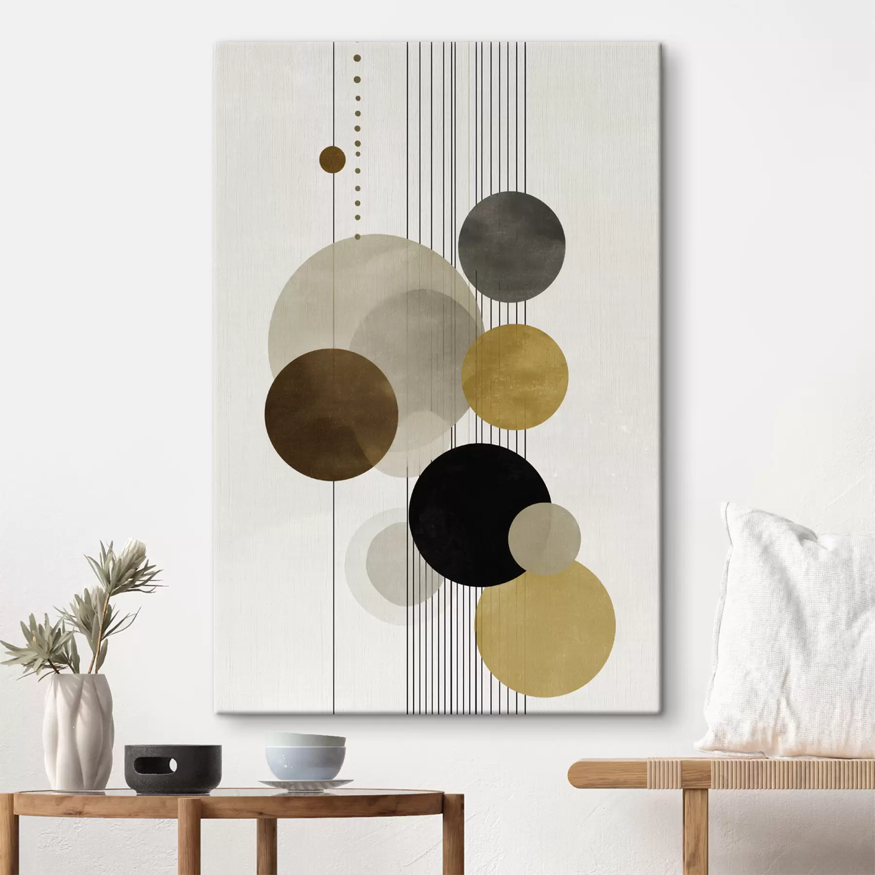 Tablouri abstracție cu cercuri și linii în culori calde s47237