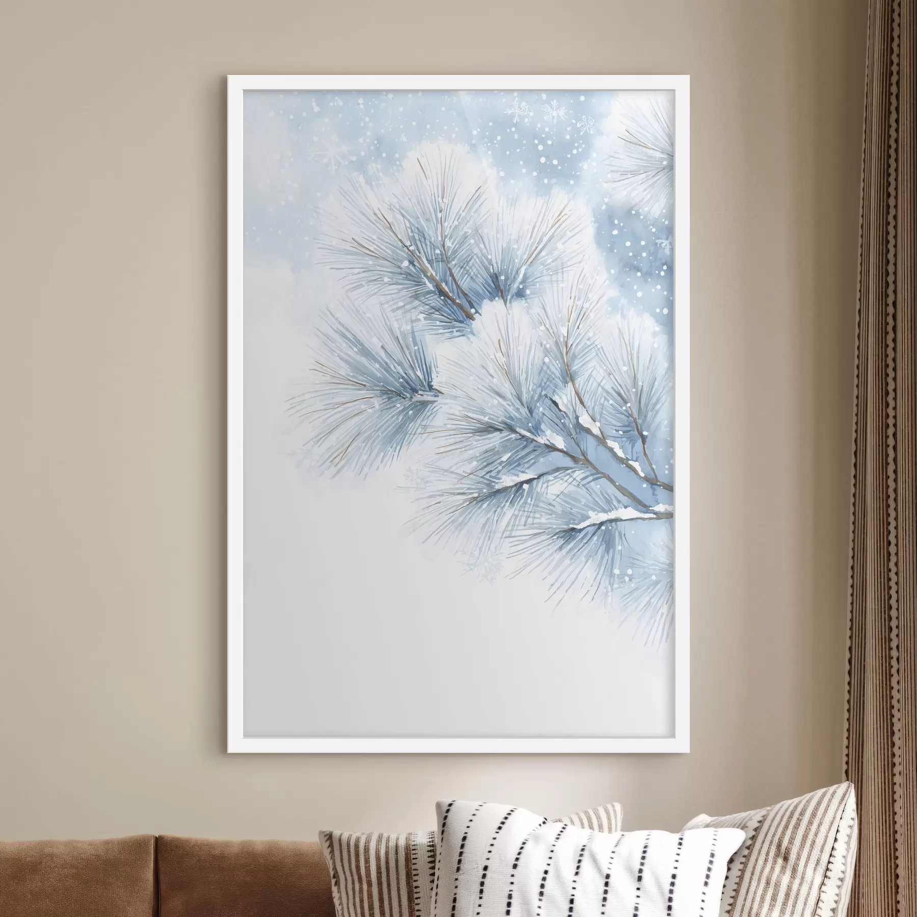 fototapet ramură de pin acoperită de zăpadă în stil acuarelă f47114