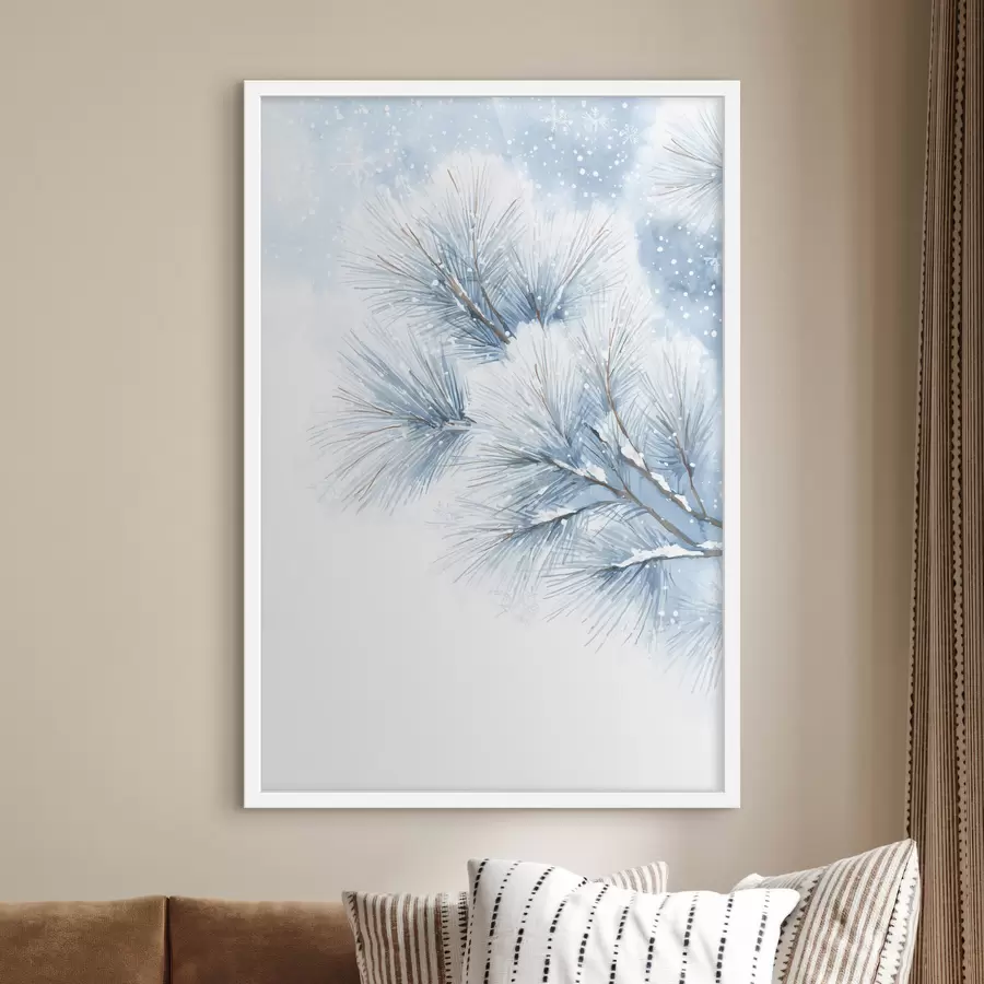 fototapet ramură de pin acoperită de zăpadă în stil acuarelă f47114